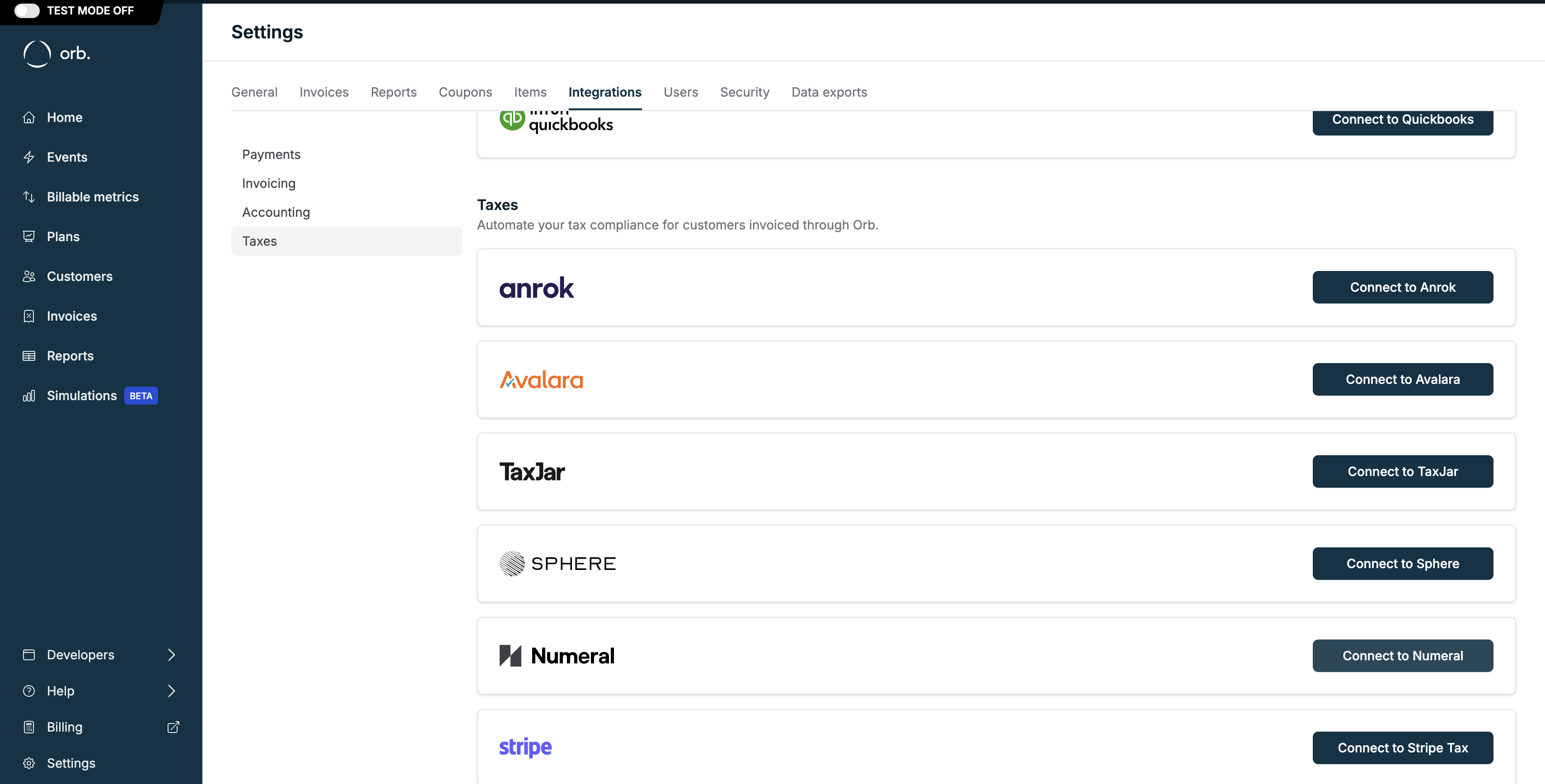 Connect to Numeral from Orb's Taxes integrations page