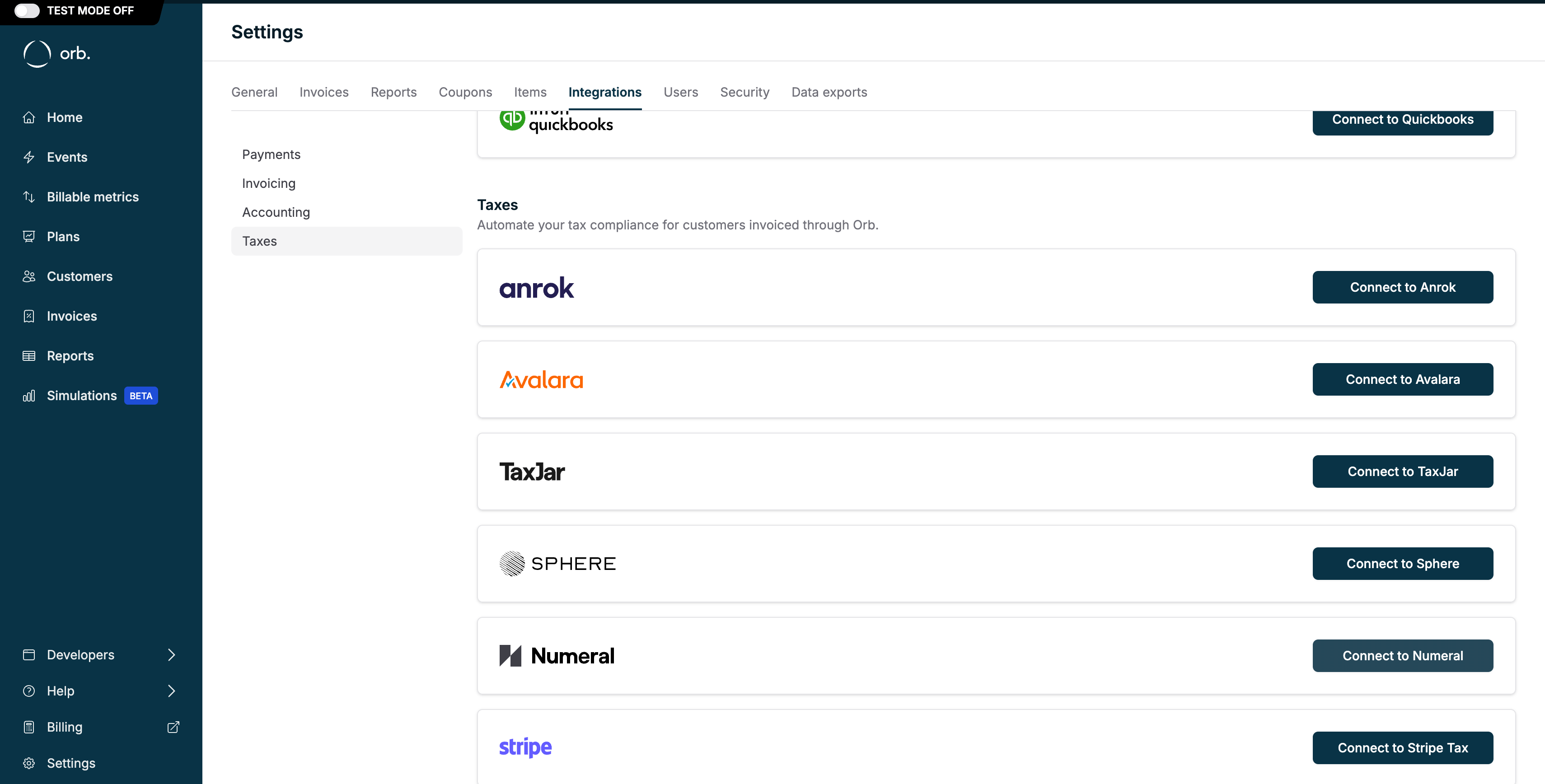 Connect to Numeral from Orb's Taxes integrations page