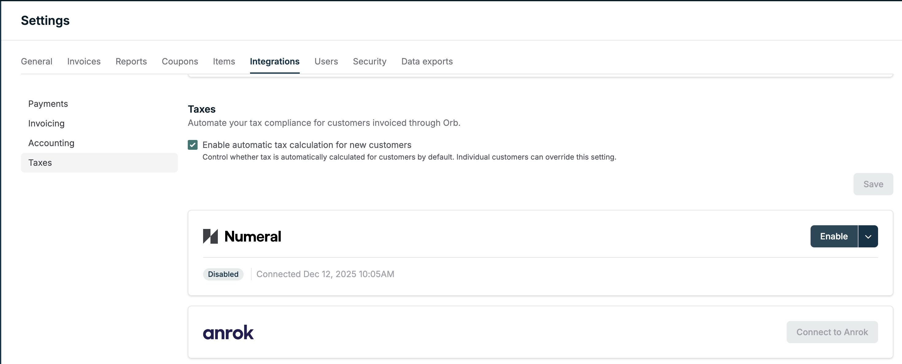 Enable the Numeral tax integration in Orb