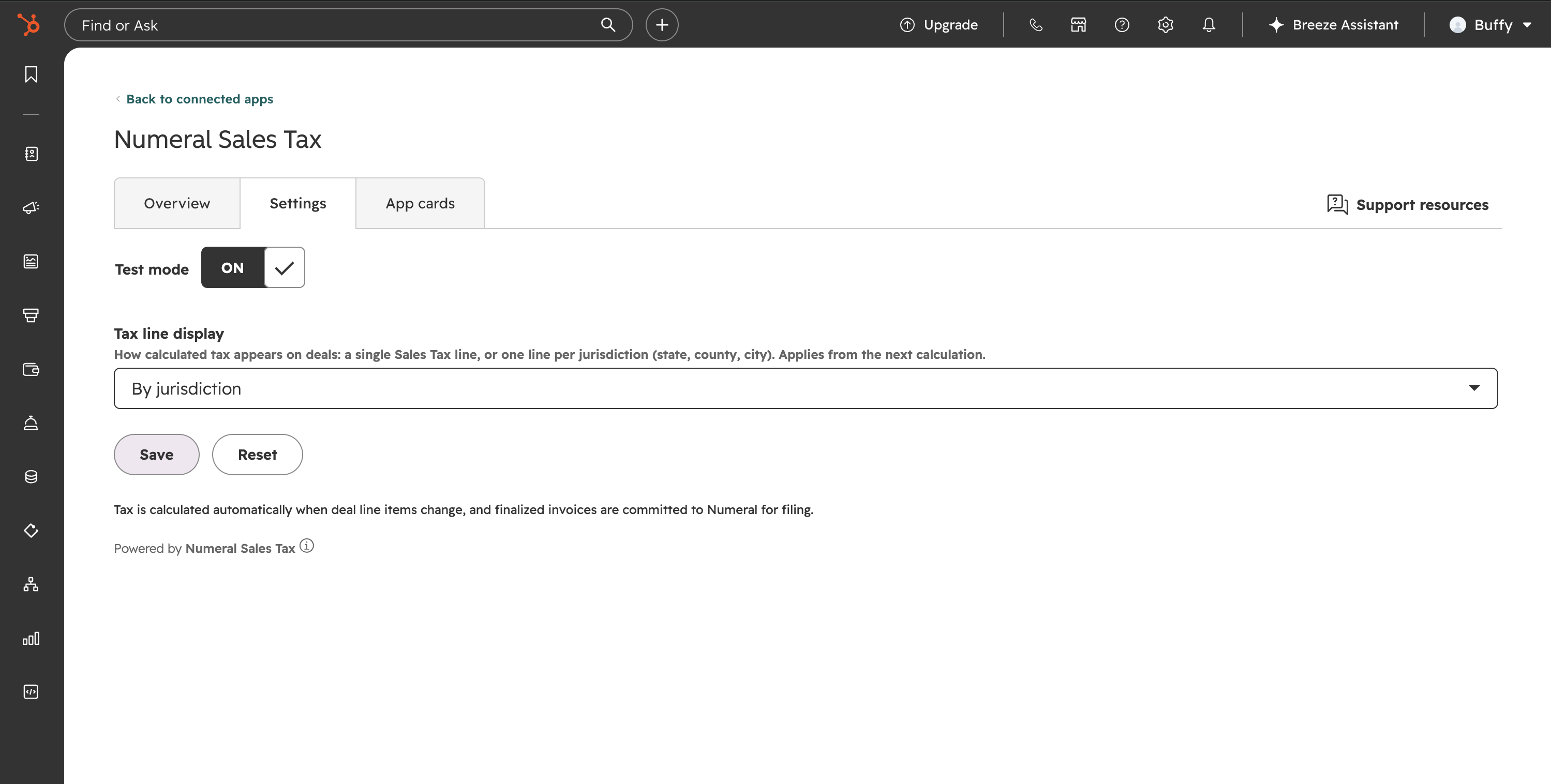 Numeral Sales Tax app settings in HubSpot