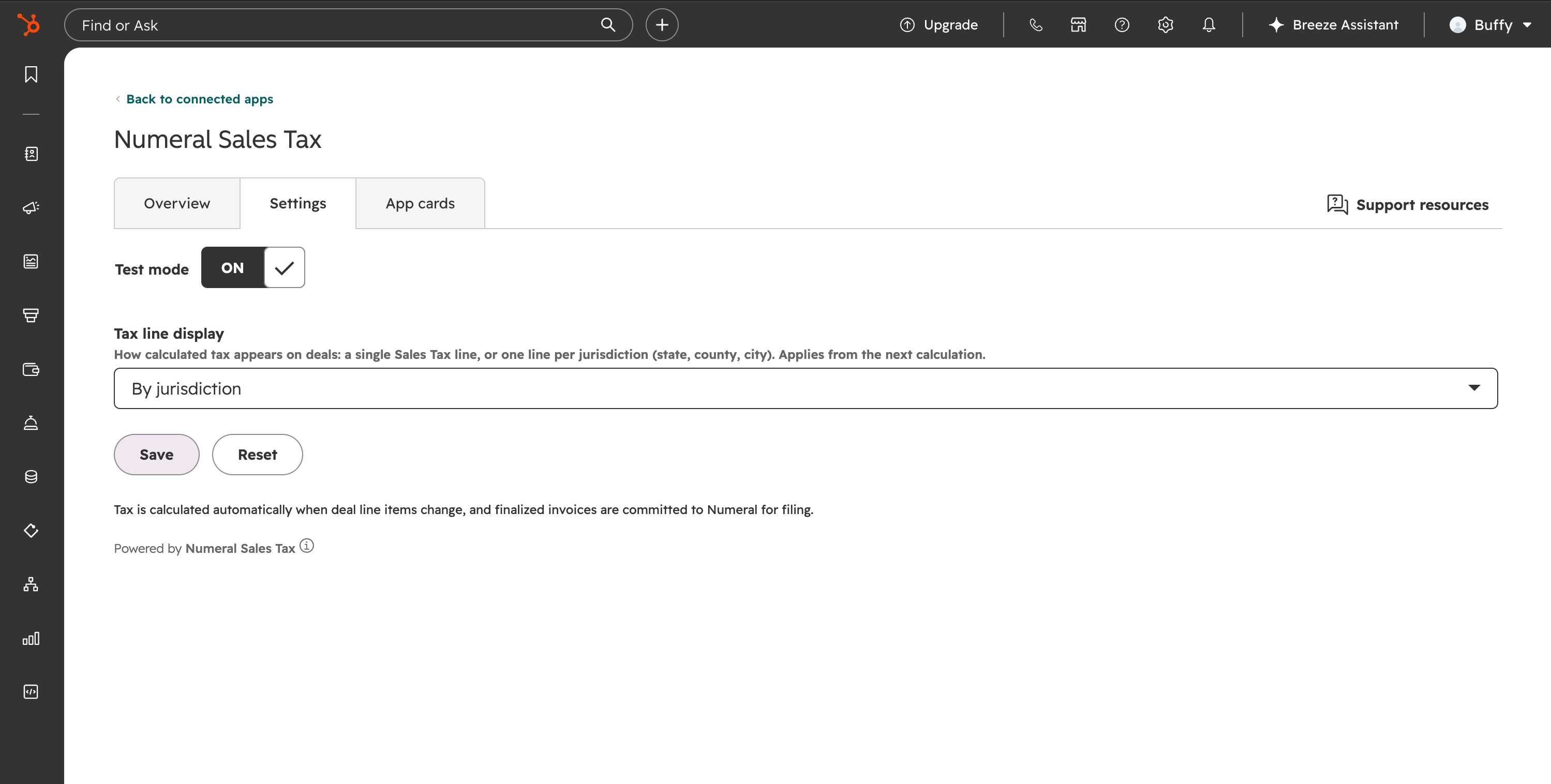 Numeral Sales Tax app settings in HubSpot