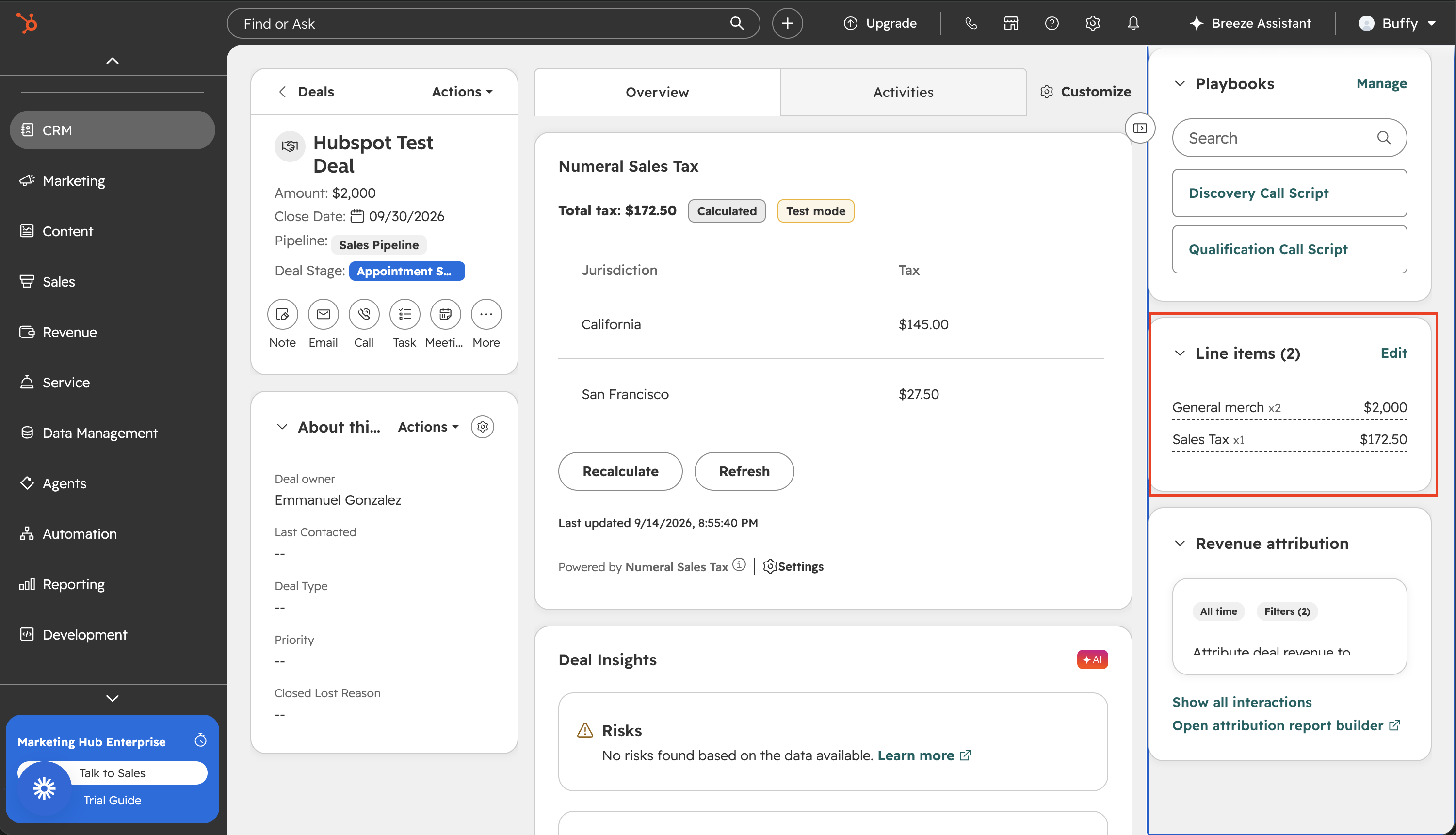 Numeral Sales Tax card on a HubSpot deal showing the total and jurisdiction breakdown