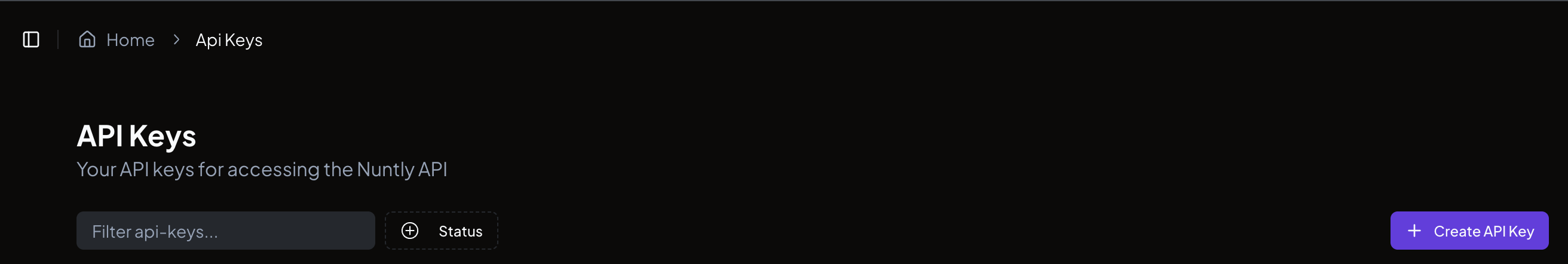 The API keys page showing a button to create a new key