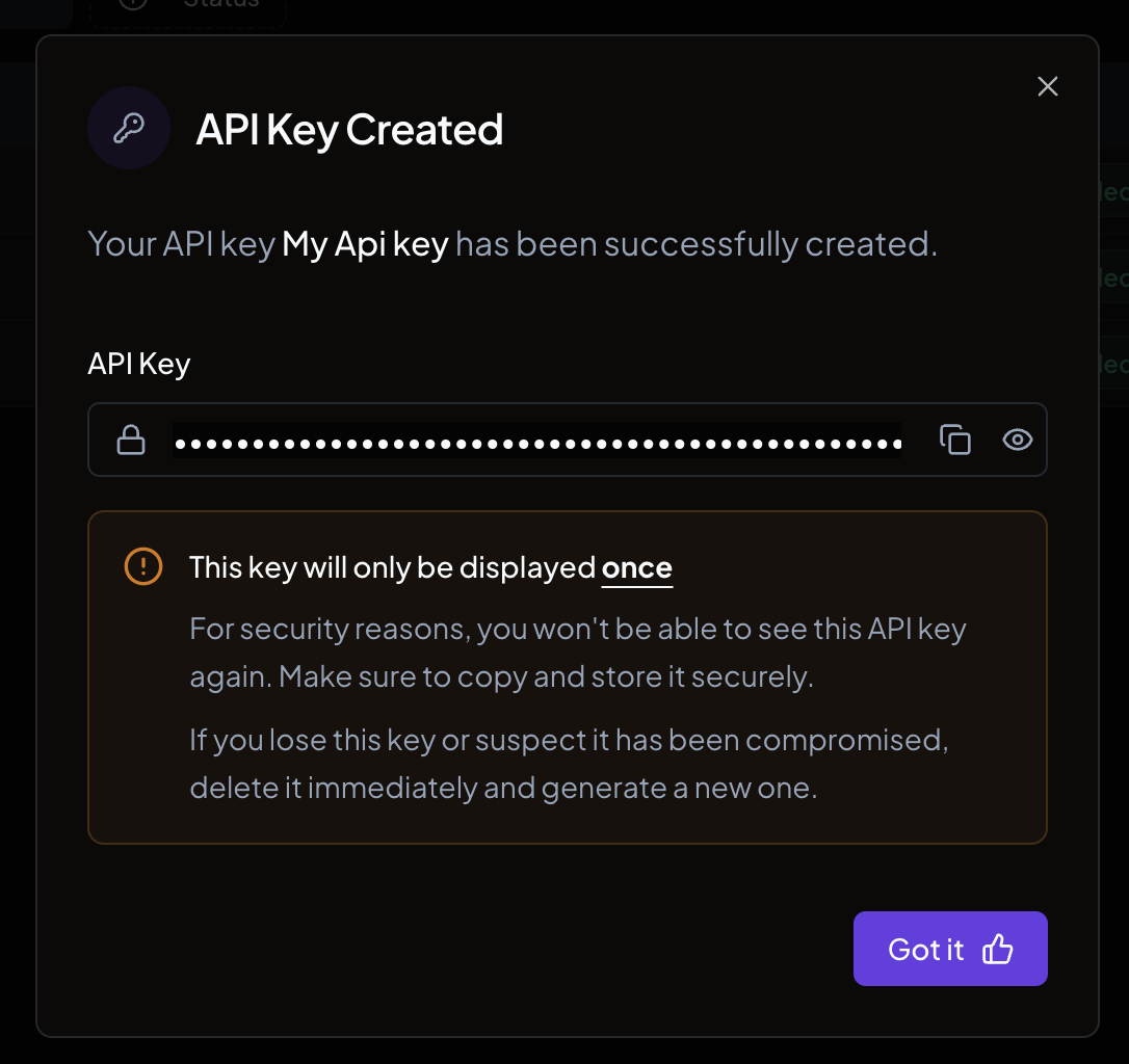 The API key created dialog showing the API key value and a copy button