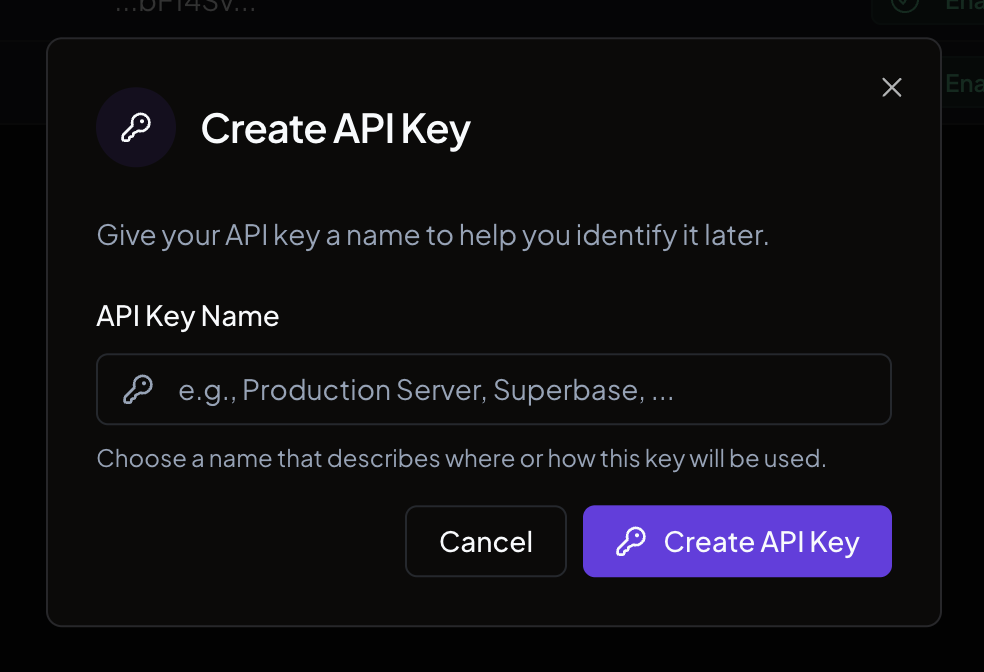 The API keys dialog showing the name input field and the create button