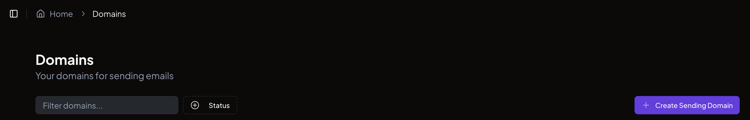 The Domains page showing the Create Sending Domain button in the bottom right corner