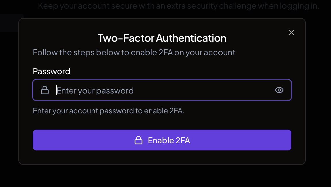 The password confirmation dialog with a password input field and the Enable 2FA button