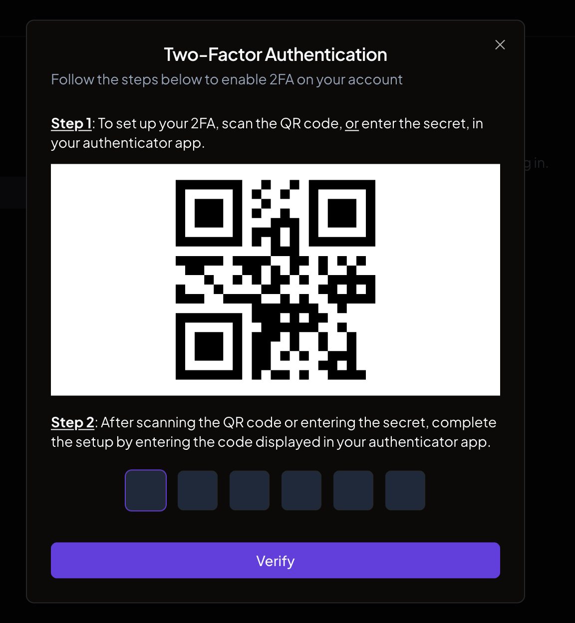 The 2FA setup dialog showing the QR code and the 6-digit code input field