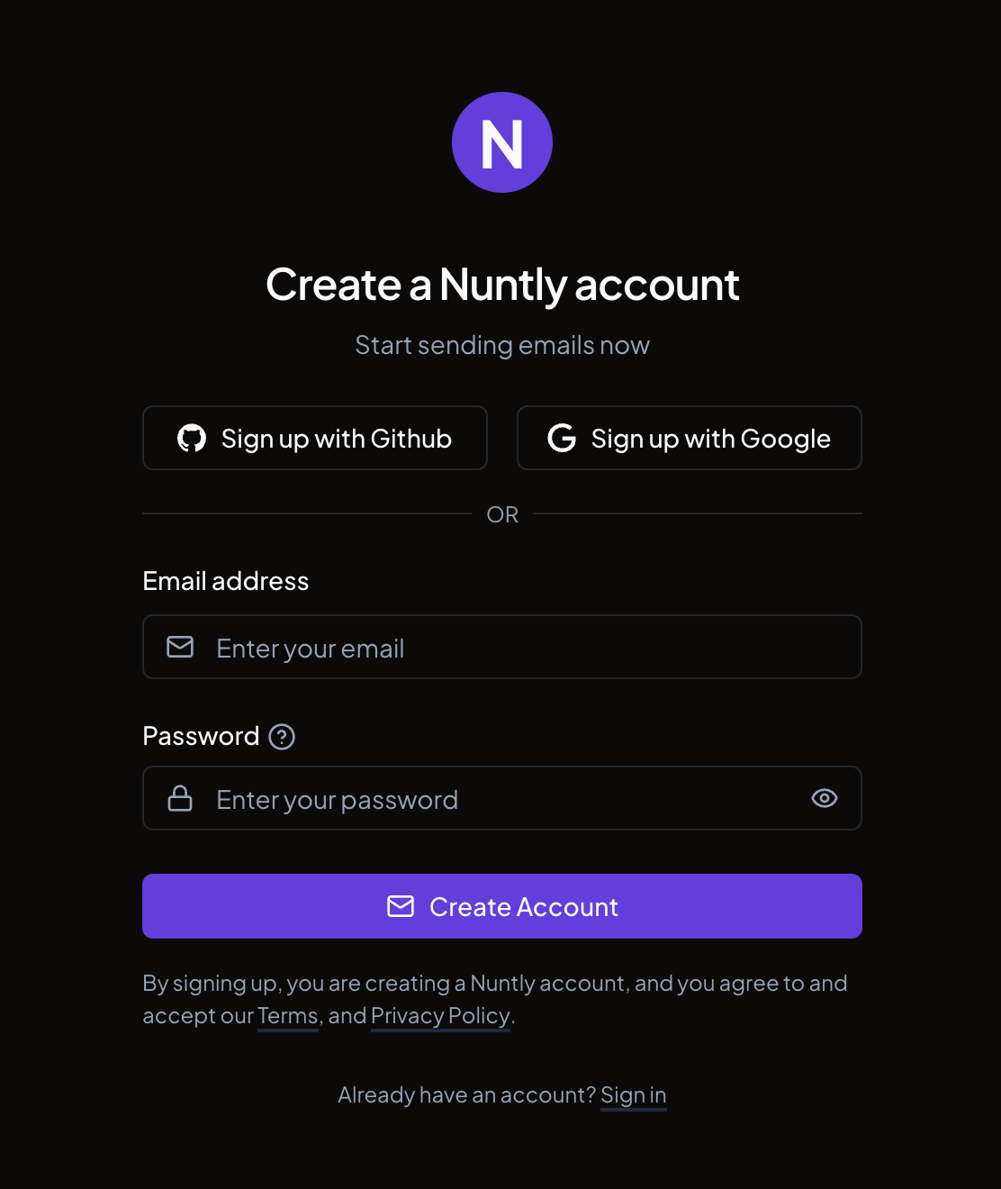 The sign-up page with email and password fields and GitHub and Google sign-up buttons