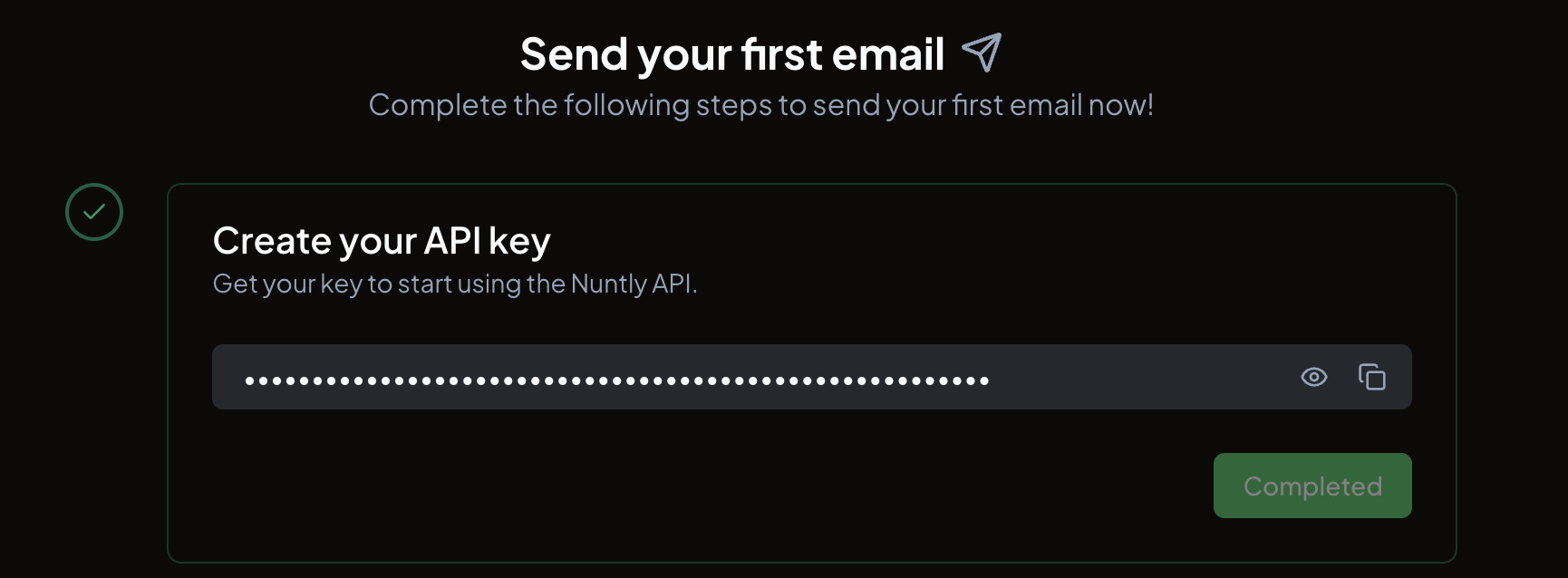 Step 1 completed, showing the newly created API key value with copy and reveal buttons