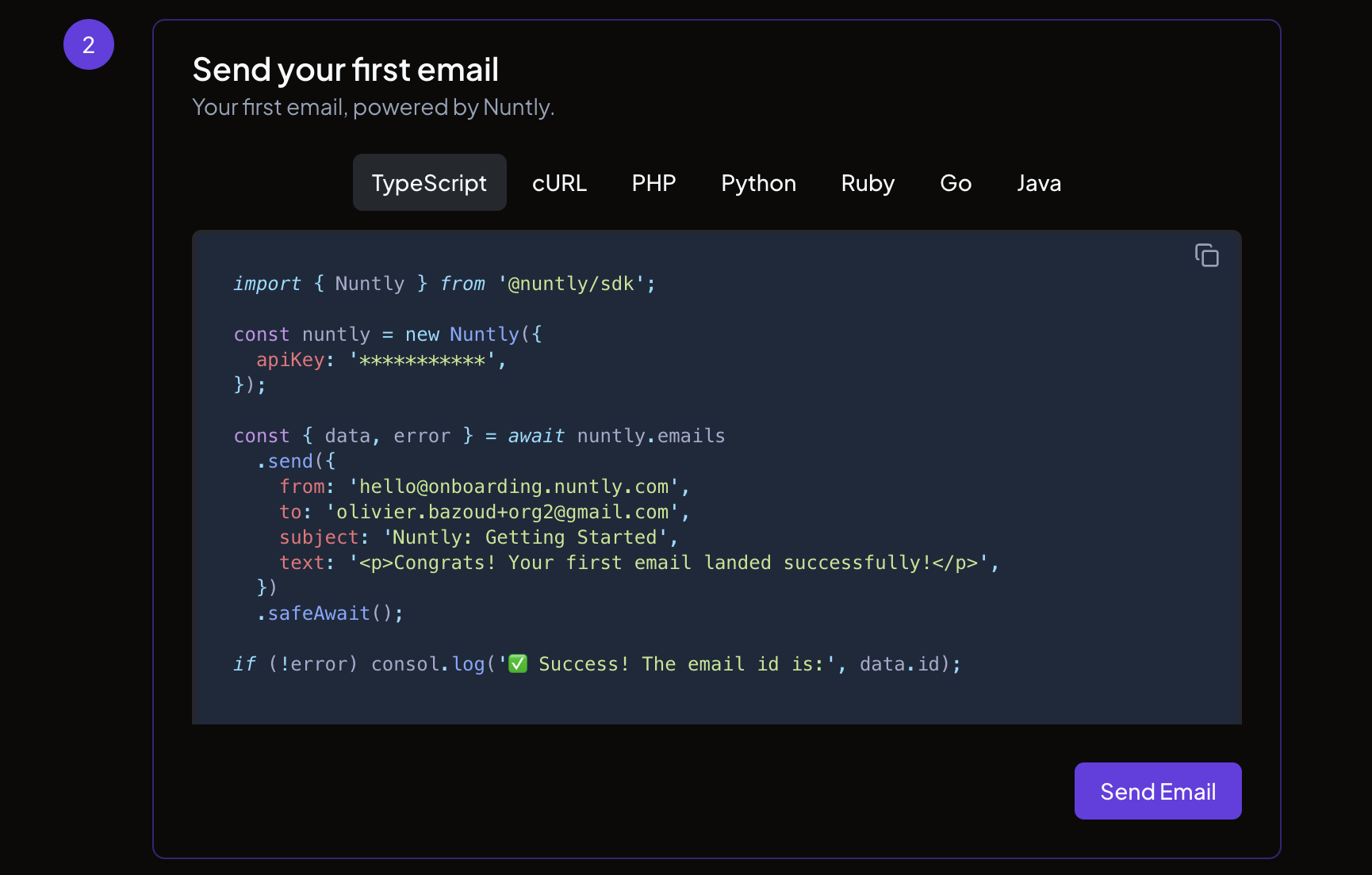 Step 2 showing the code samples with a language selector and a Send Email button