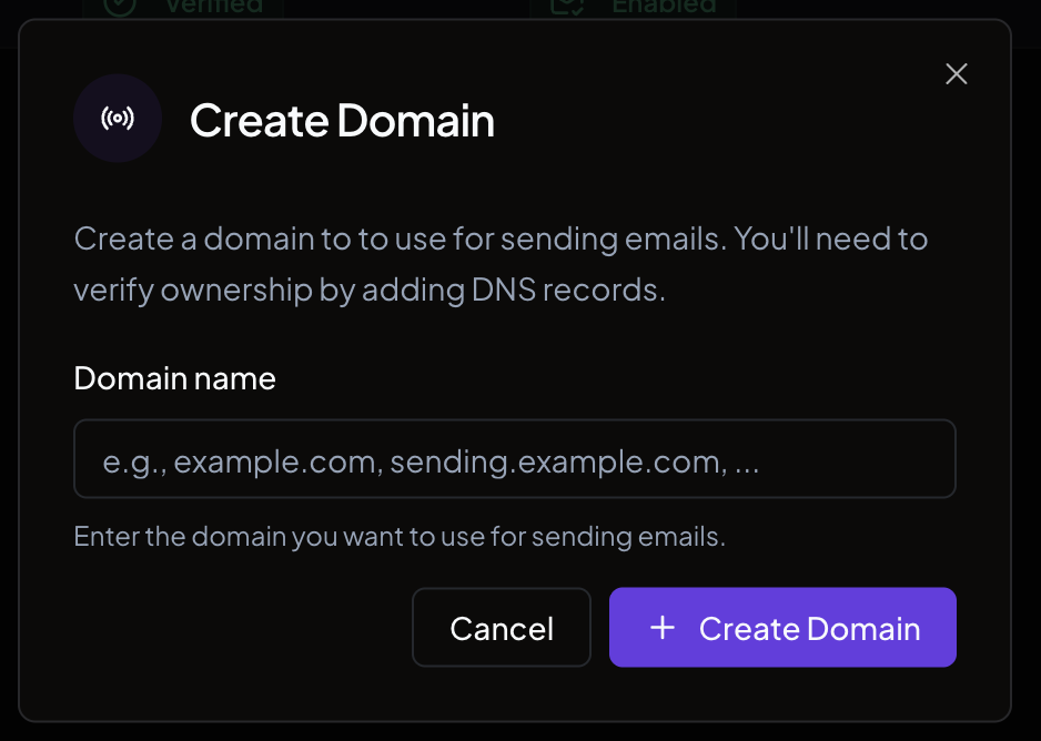 The Create Sending Domain dialog with the domain name input field