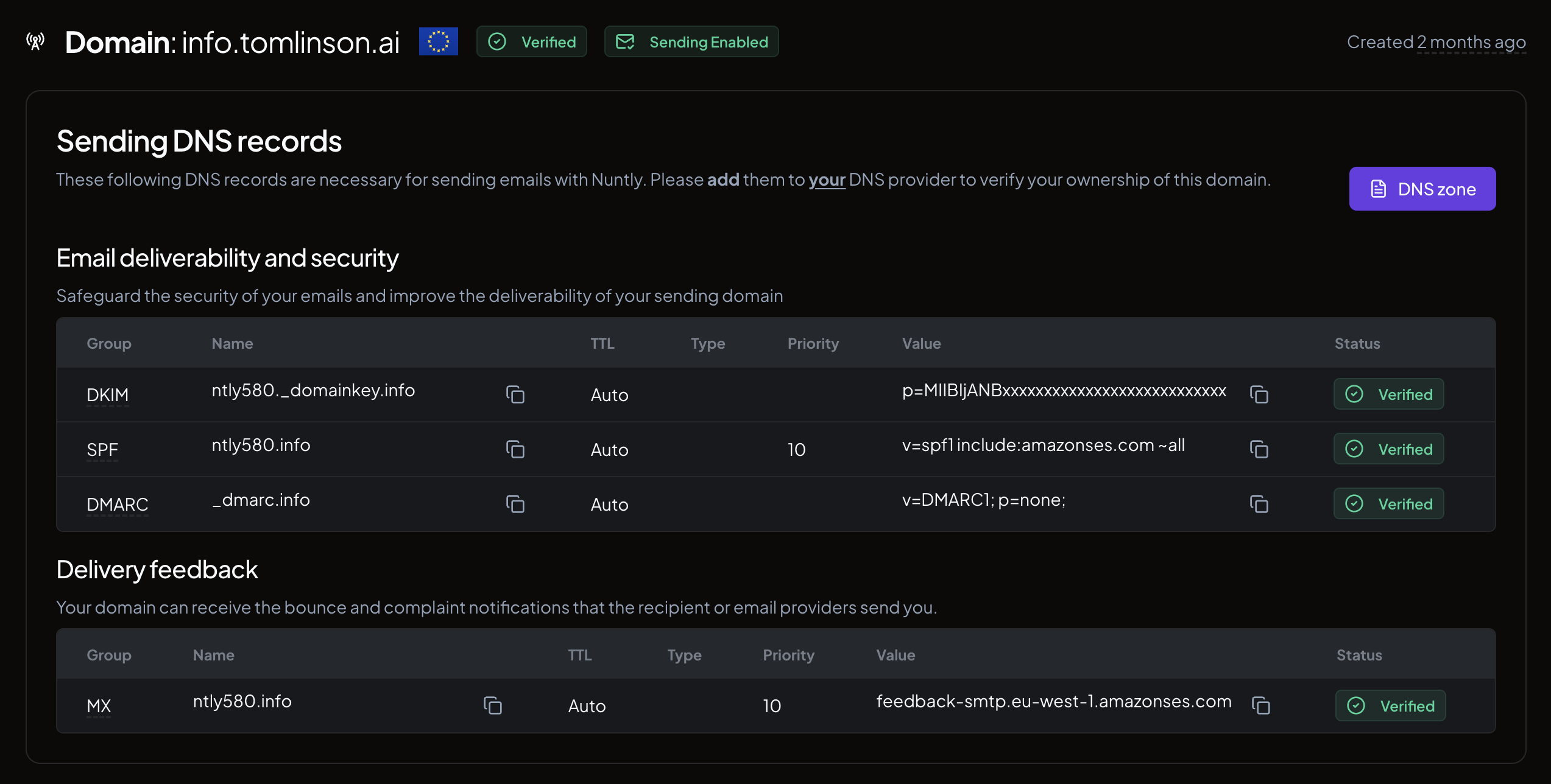 The domain detail page showing the DNS records table with DKIM, SPF, DMARC, and MX entries
