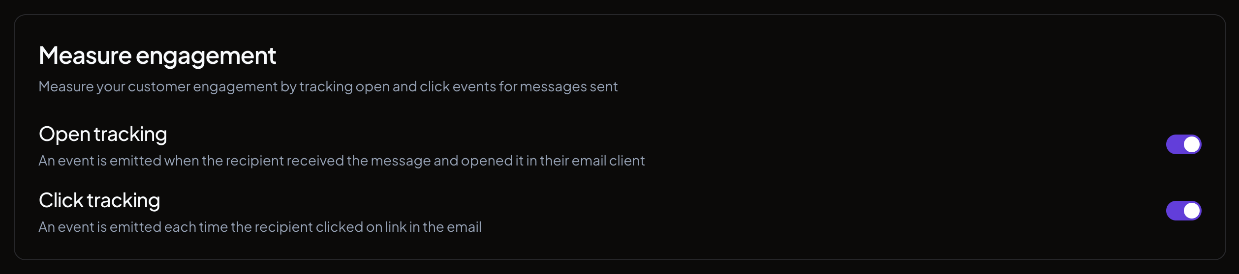 The Measure engagement section showing the open tracking and click tracking toggle switches