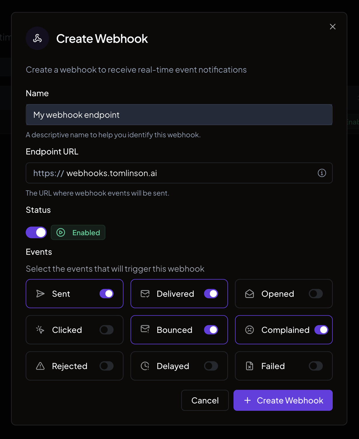 The Create Webhook dialog showing name, endpoint URL, status toggle, and event selection grid