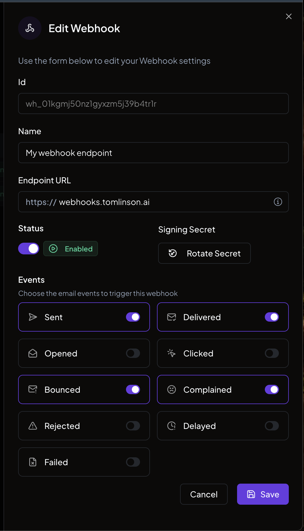 The webhooks list page showing existing webhooks with management options