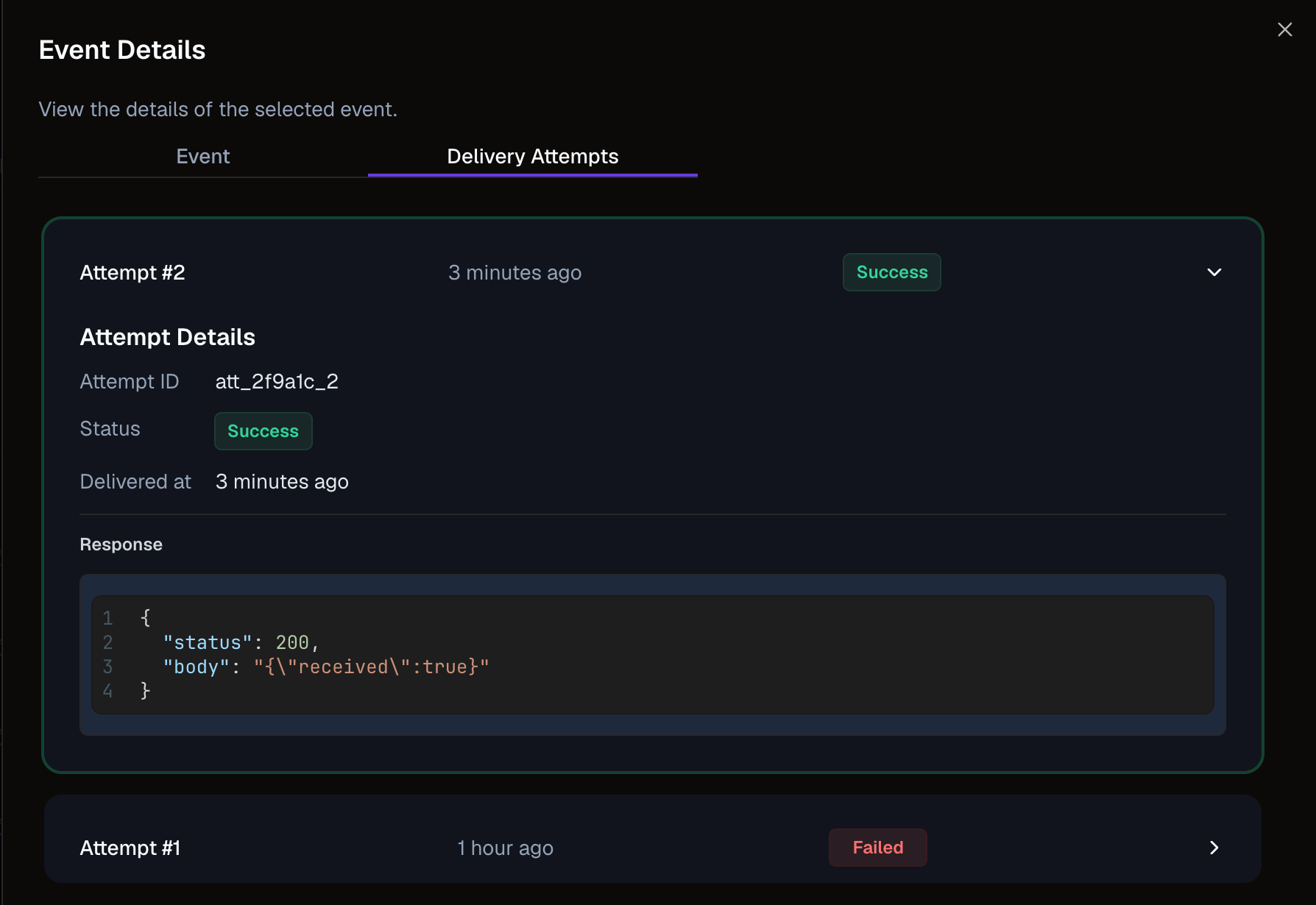 Delivery Attempts tab showing a first attempt that failed with a 503 and a retry that succeeded with a 200, including the endpoint response body