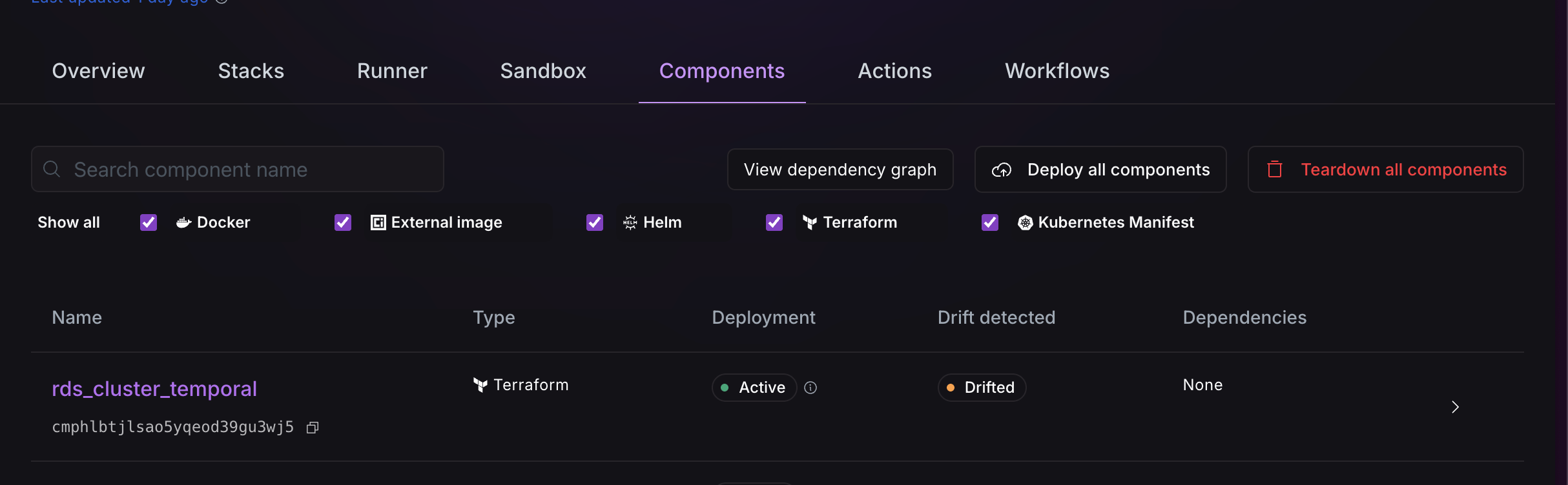 Dashboard to view drifted component