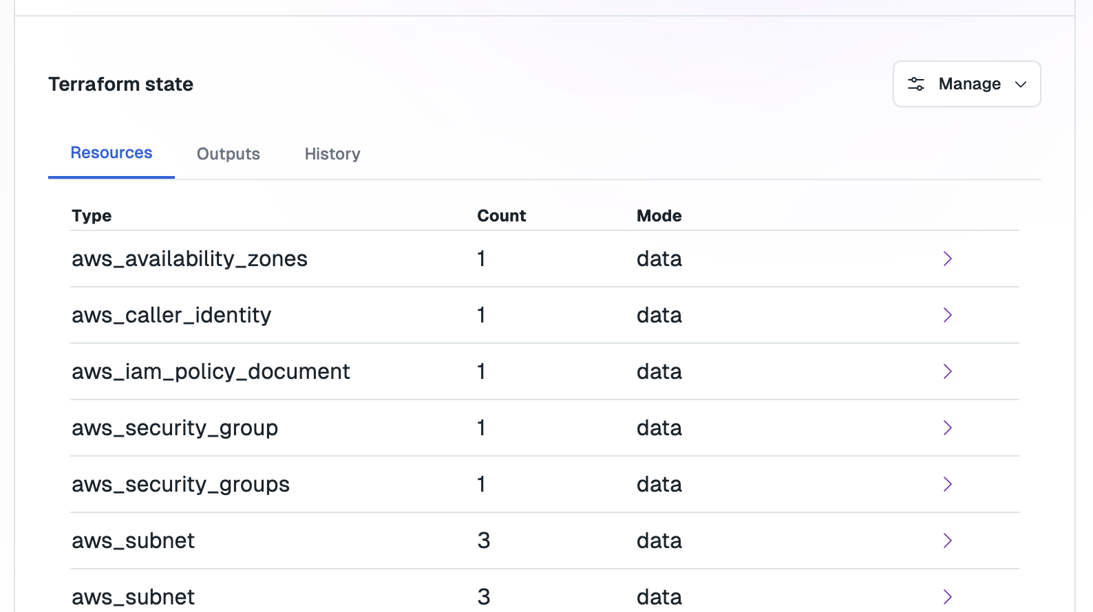 Terraform workspace UI showing managed resources for a component