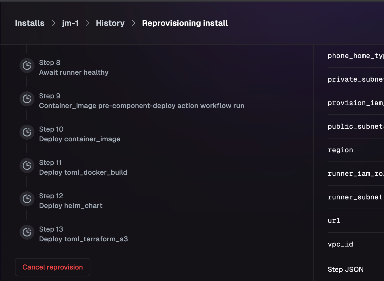 UI showing the cancel button at the bottom of a running workflow