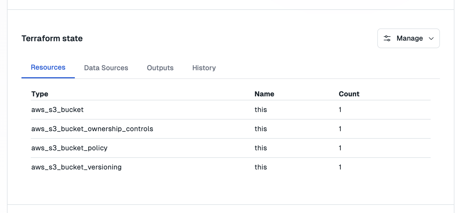 UI view of resources managed by a Terraform component