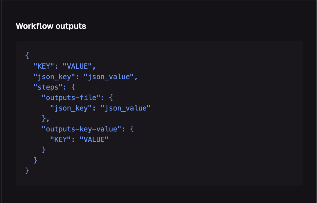 Interface showing how action outputs are organized by step name