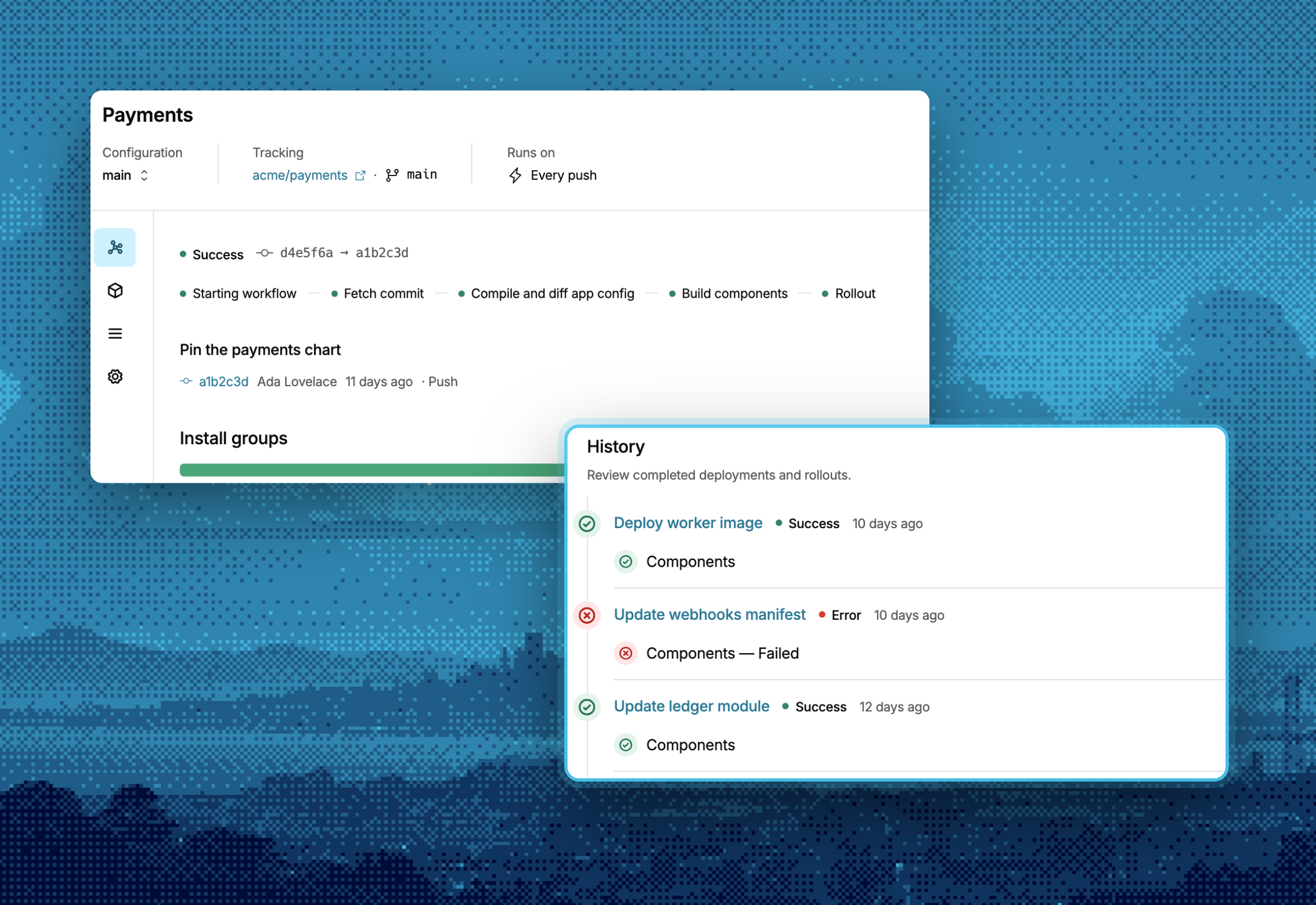 An app branch overview tracking acme/payments with its latest run, overlaid by an install's deployment history showing its three most recent deployments
