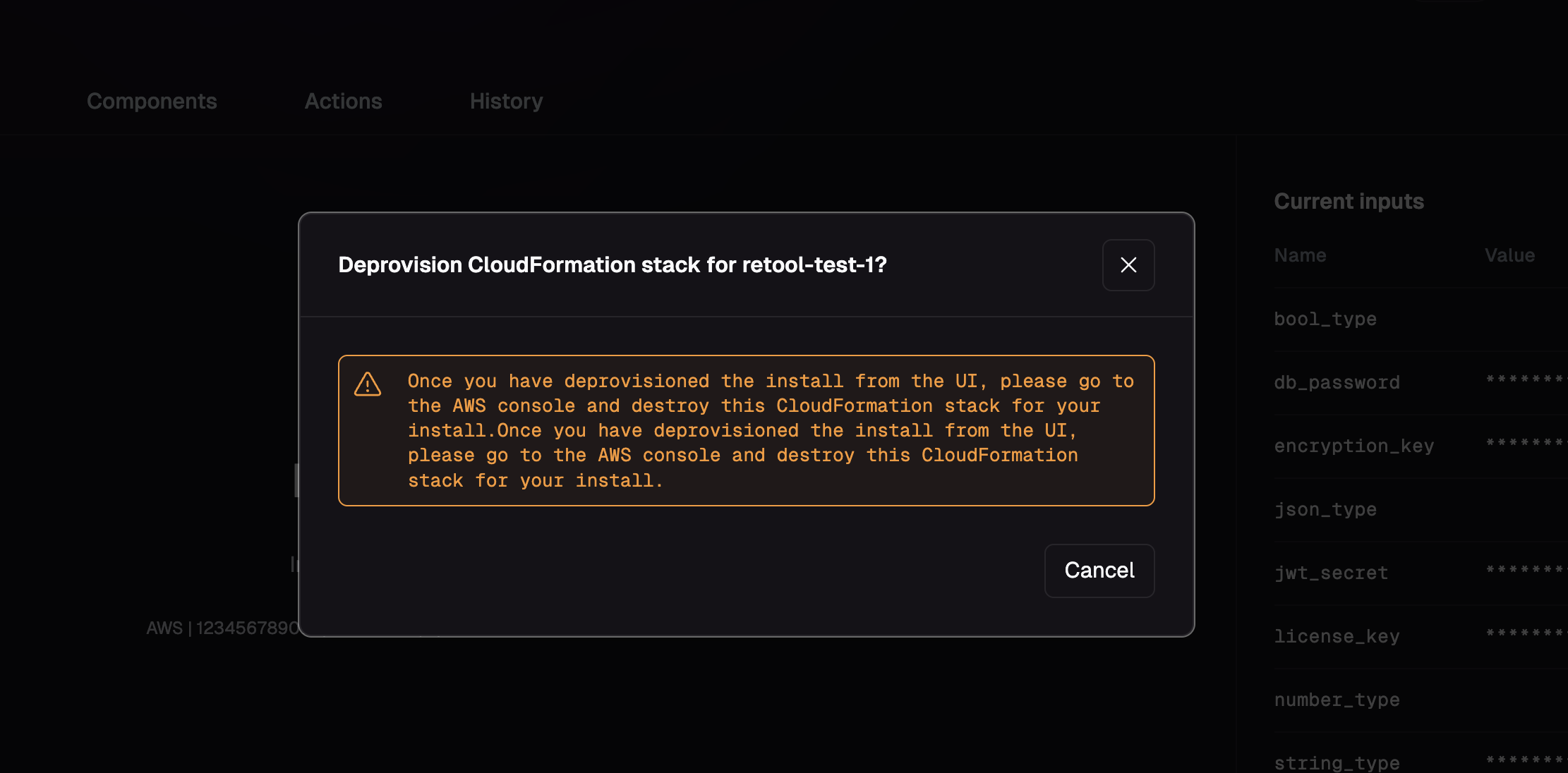 Deprovision Stack dialog with AWS CloudFormation instructions