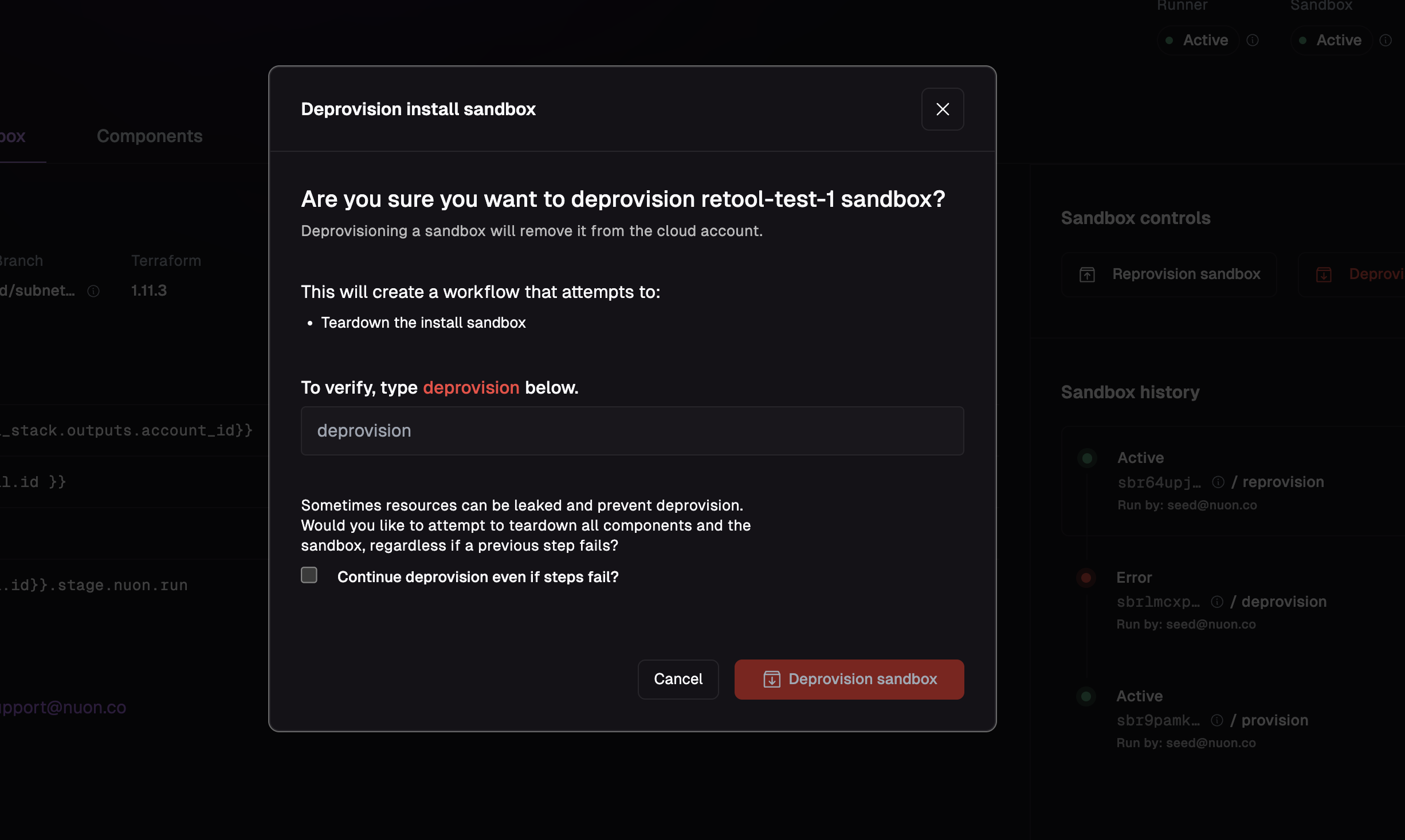 Deprovision Sandbox button on the sandbox tab
