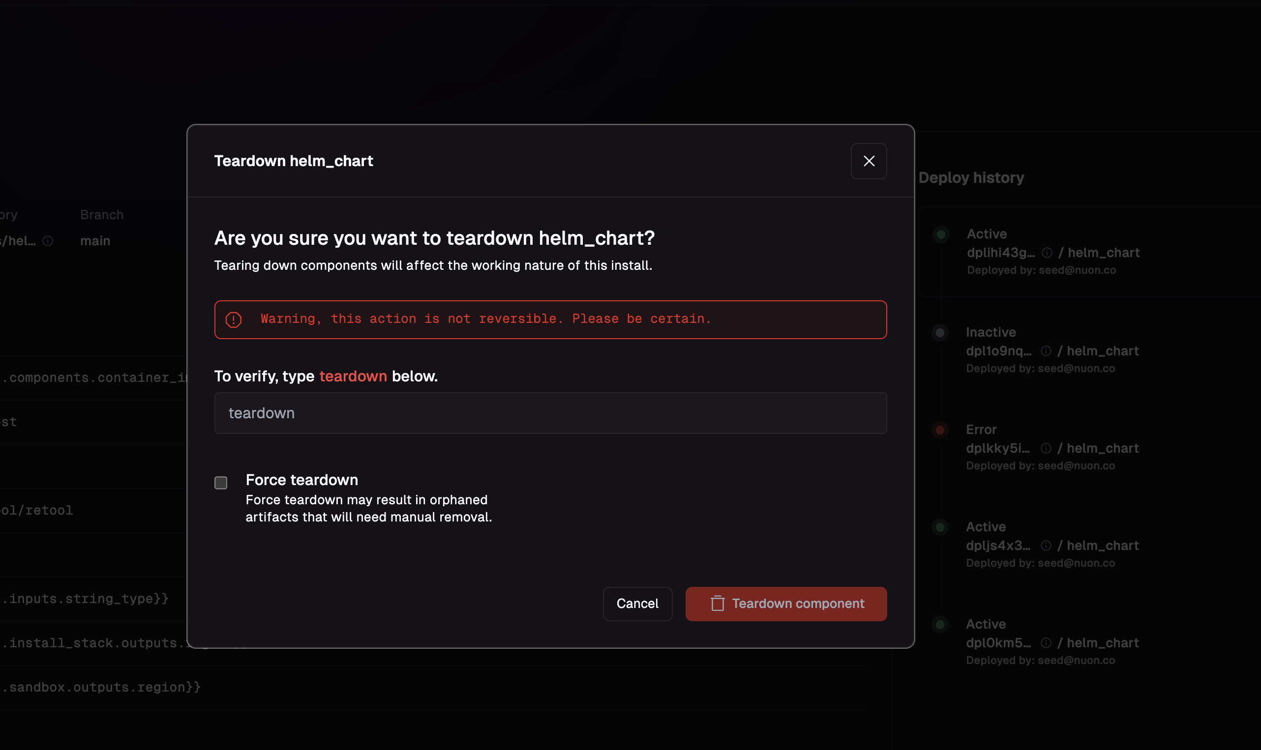 Teardown Component button on the install component page