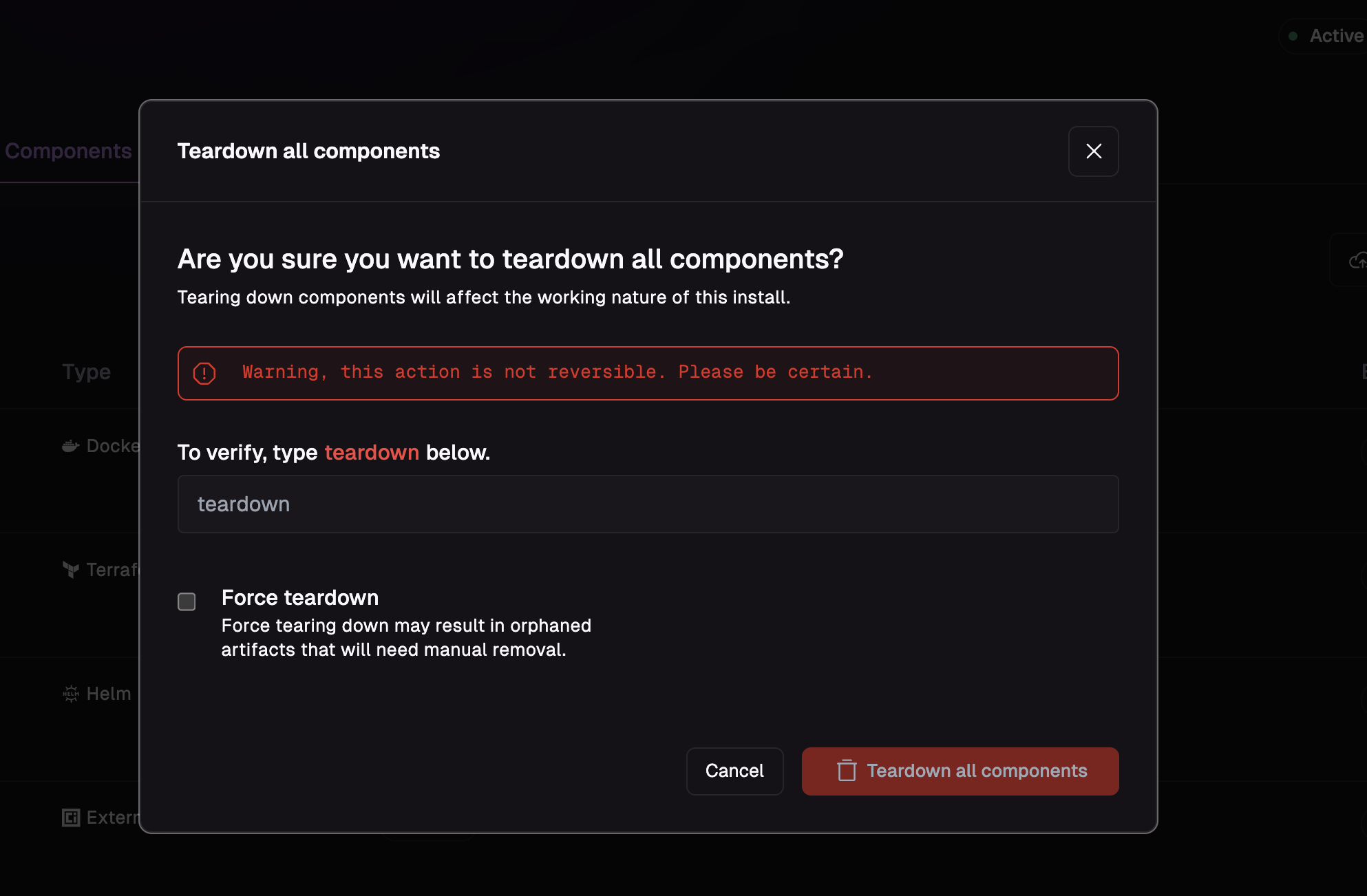 Teardown All Components option on the components overview page