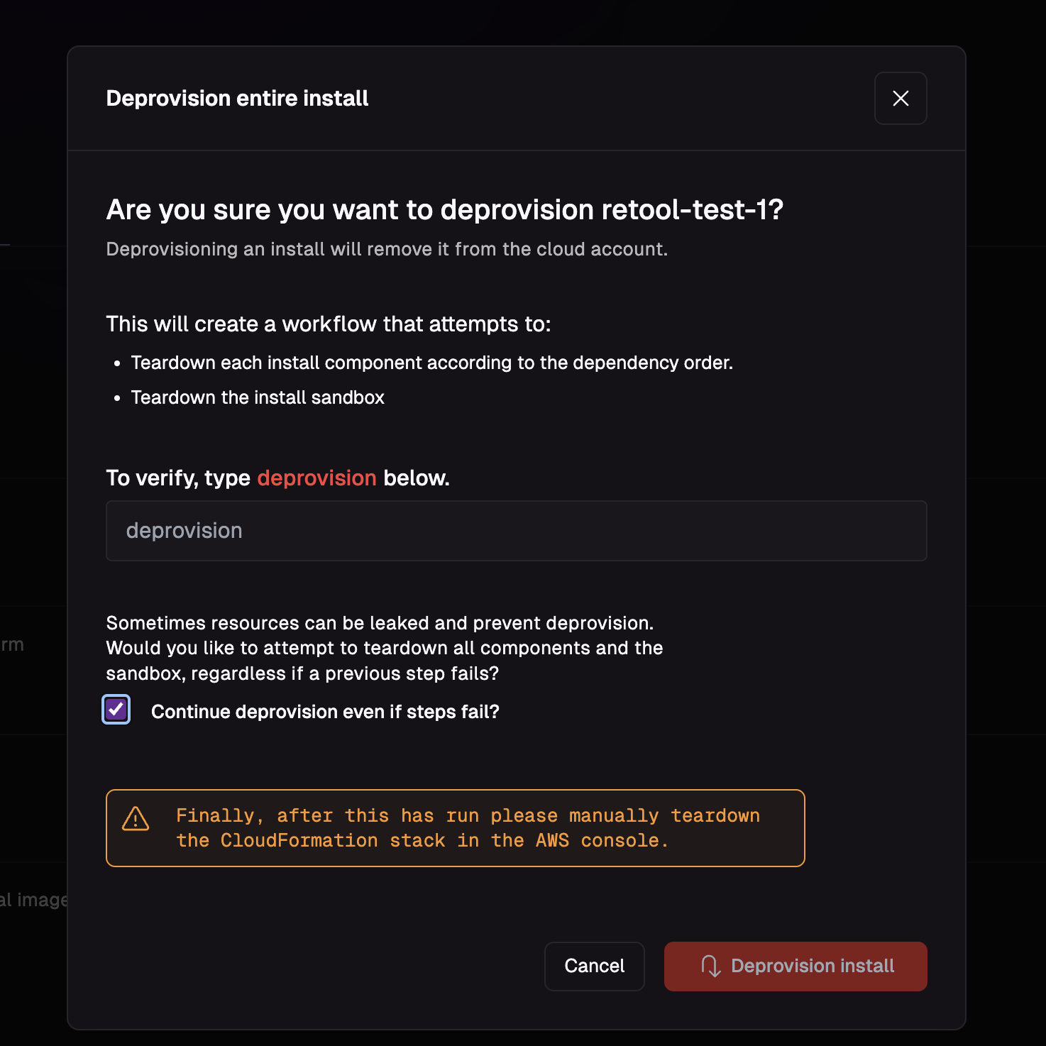 Continue option when deprovisioning with failing components