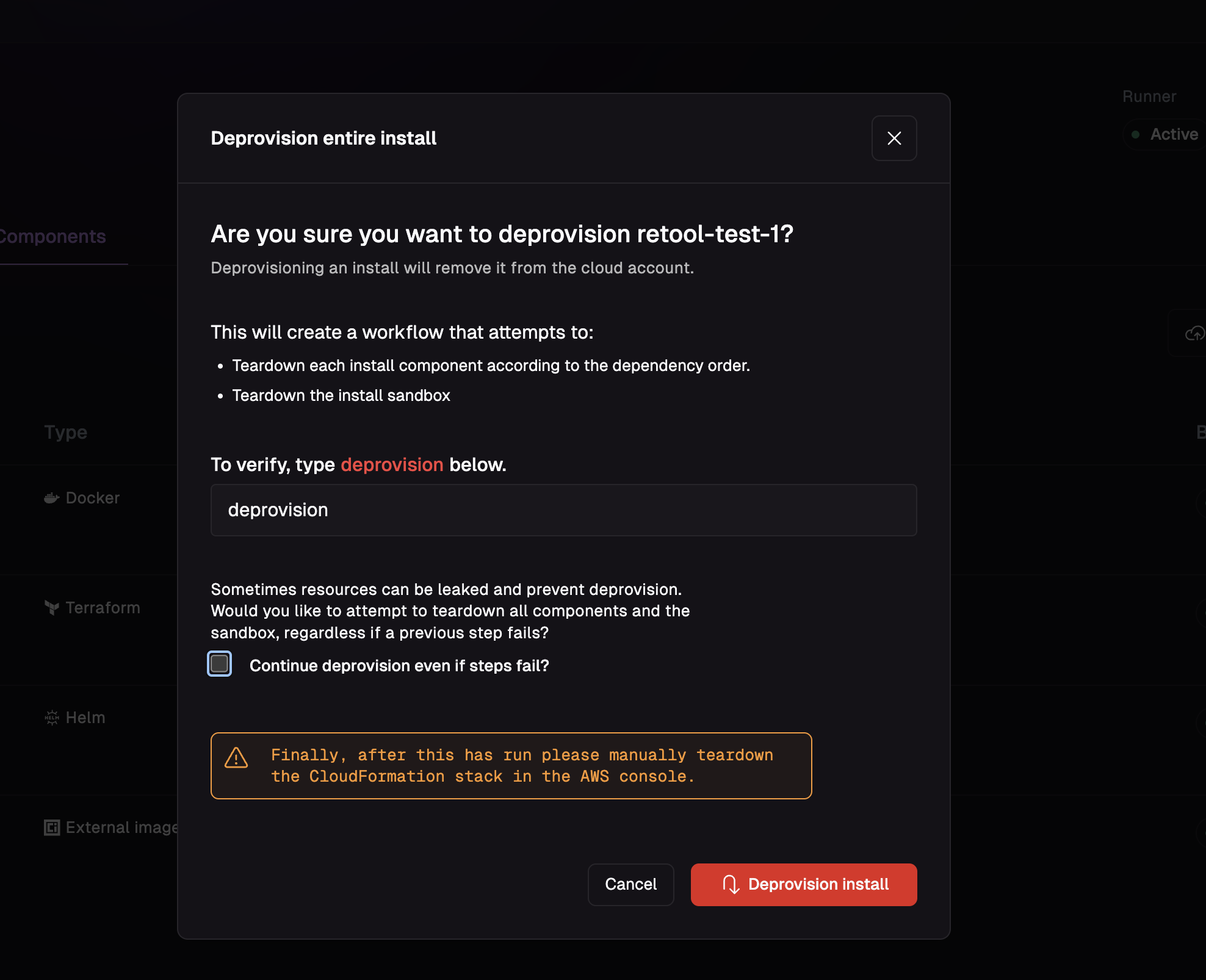 Deprovision Install button on the install overview page