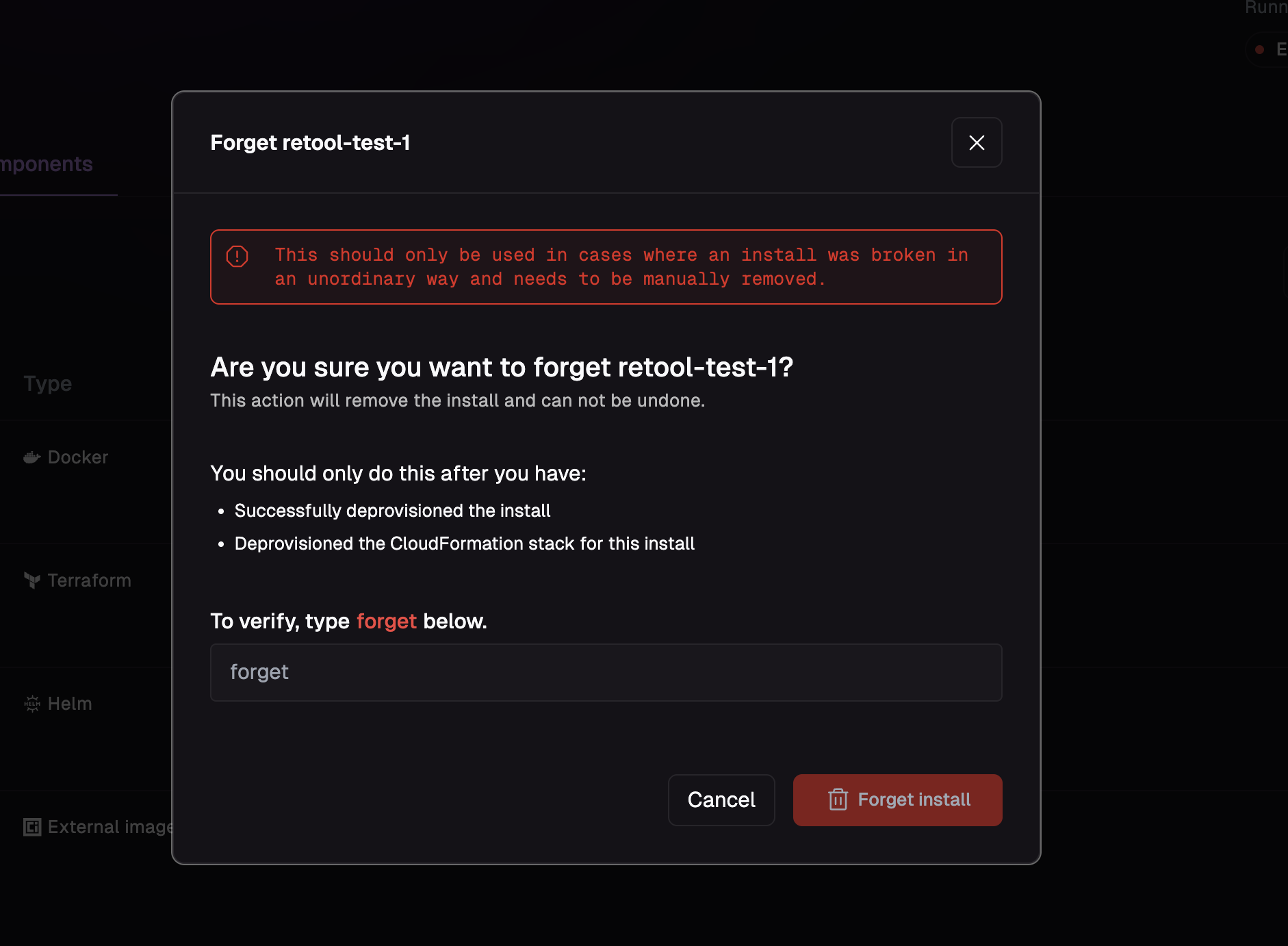 Forget Install button to remove a deprovisioned install