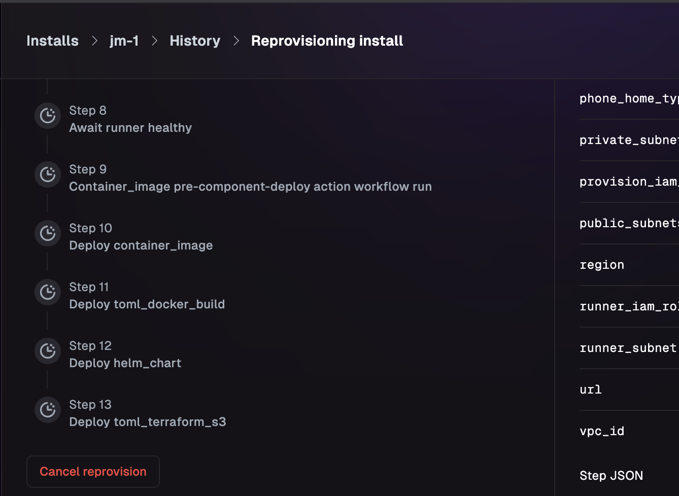 UI showing the cancel button at the bottom of a running workflow