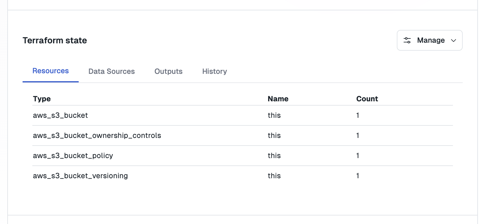 UI view of resources managed by a Terraform component