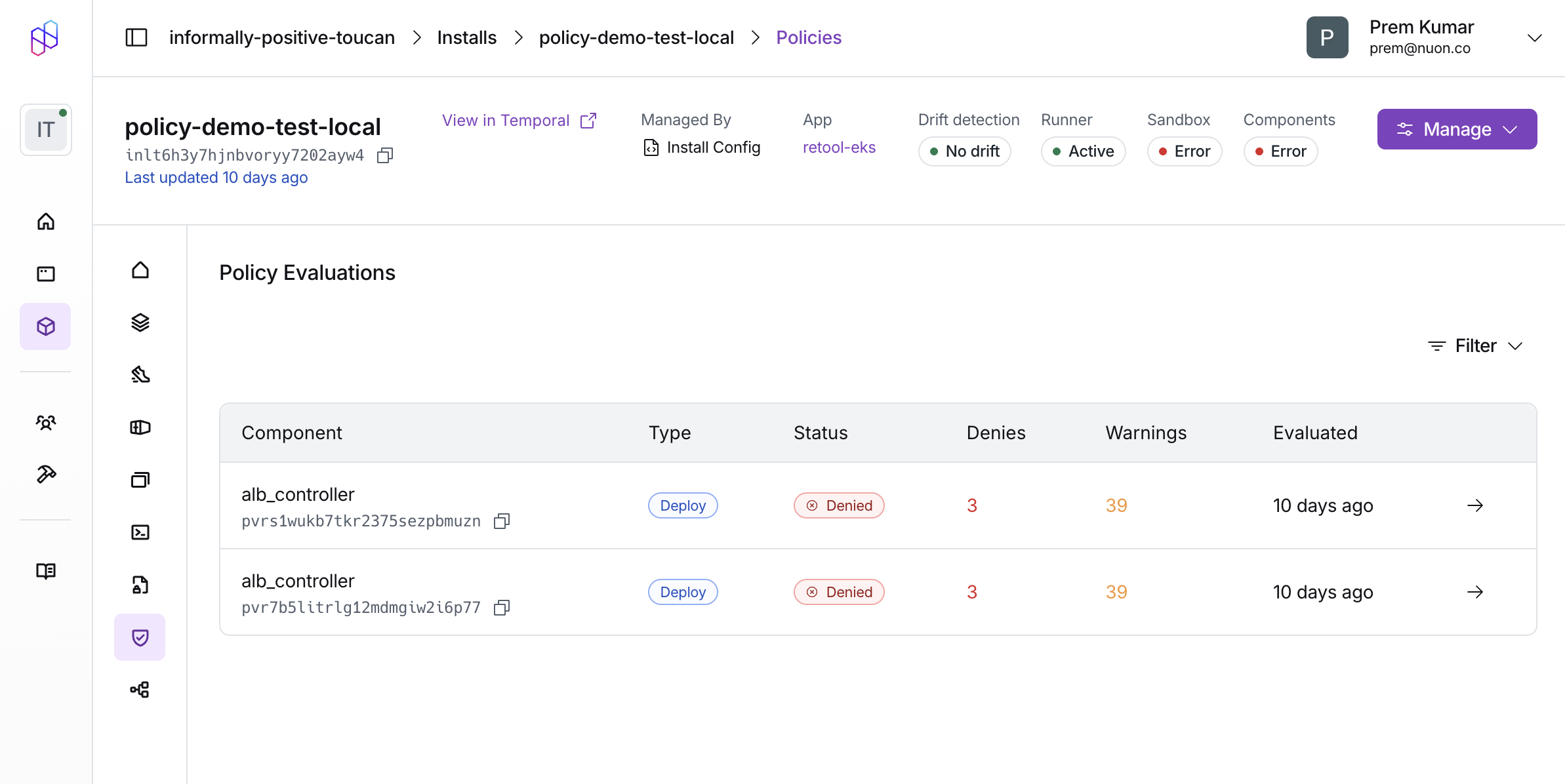 Policy evaluations list