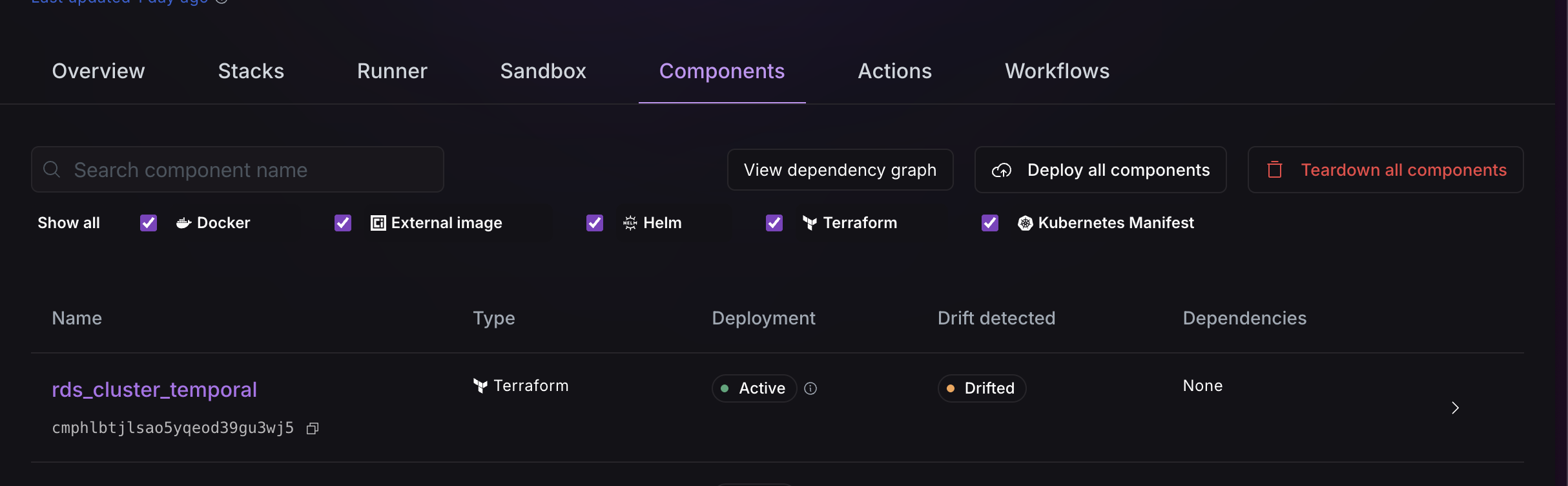 Dashboard to view drifted component