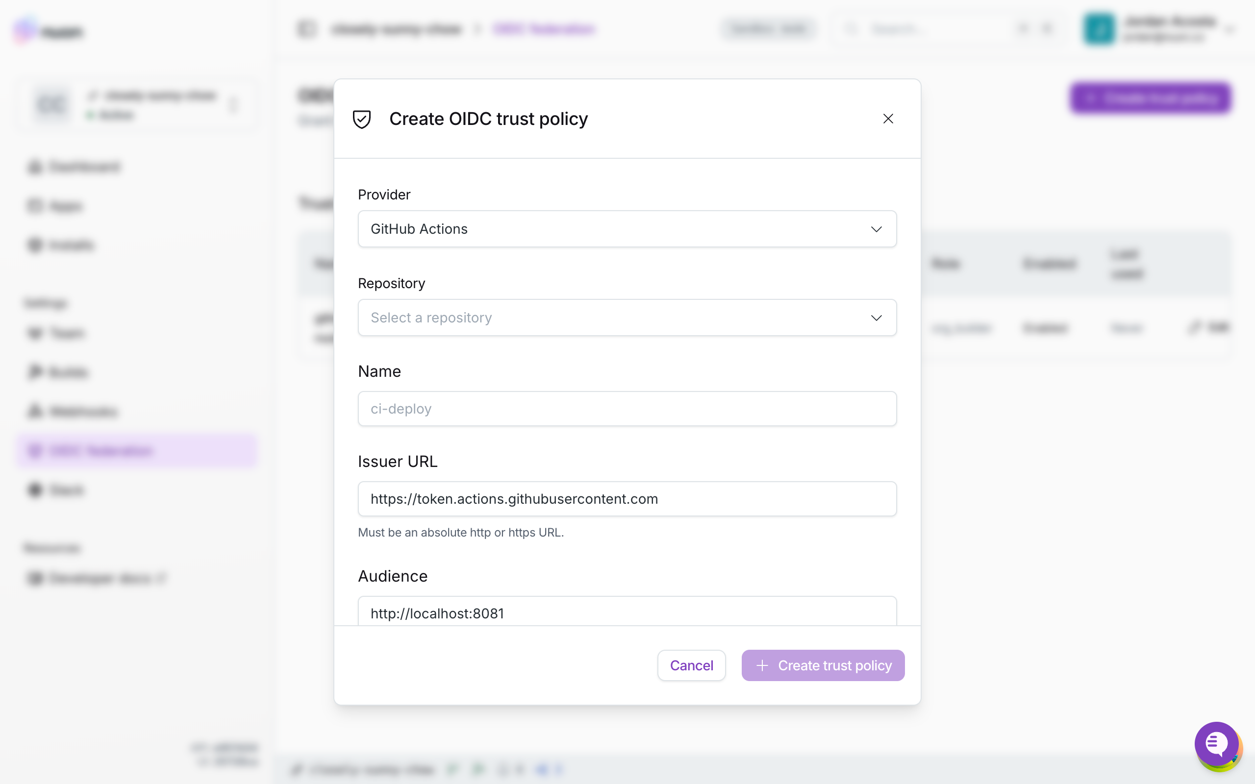 The Create OIDC trust policy modal with the GitHub Actions provider preset selected and a repository picker