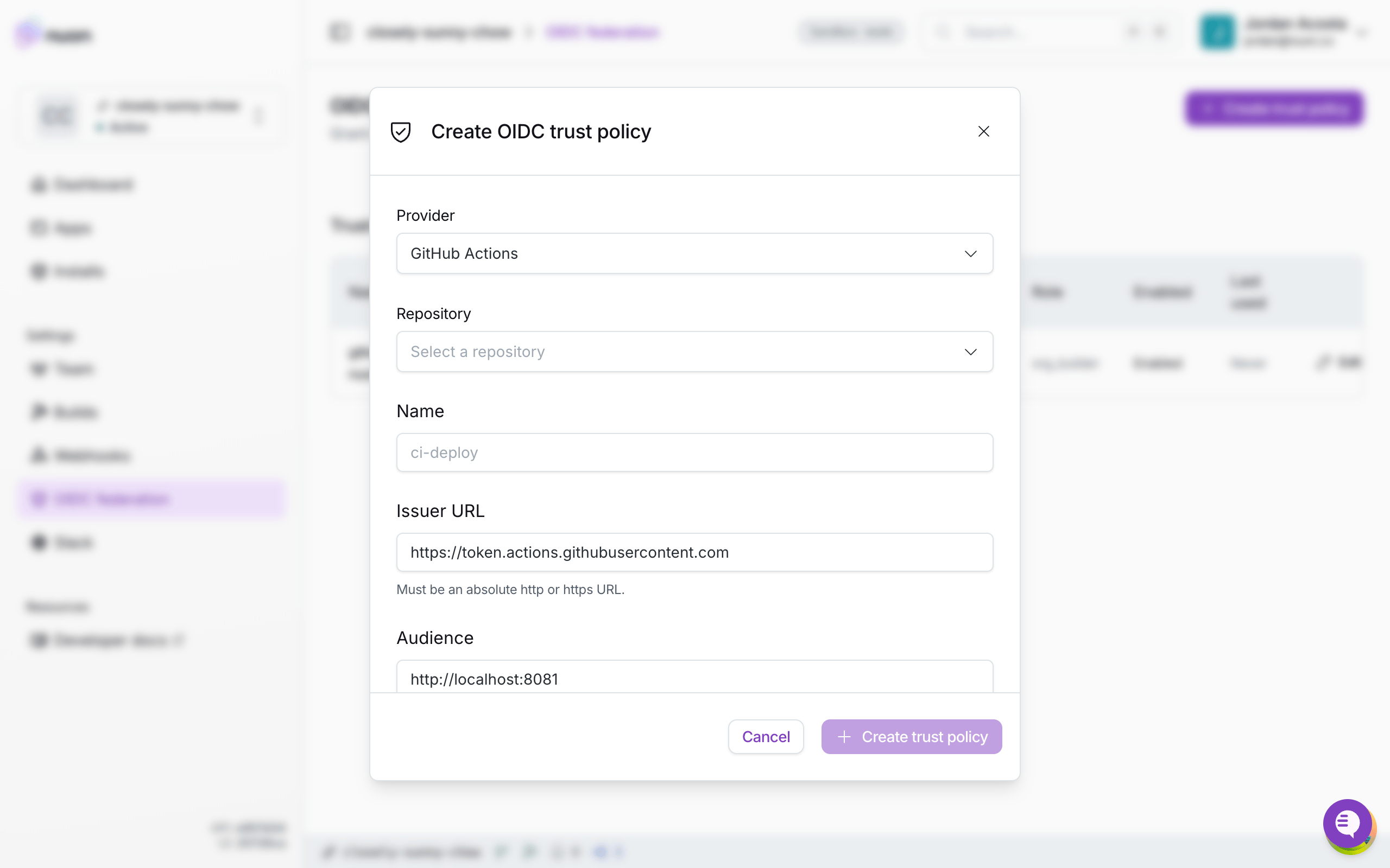 The Create OIDC trust policy modal with the GitHub Actions provider preset selected and a repository picker