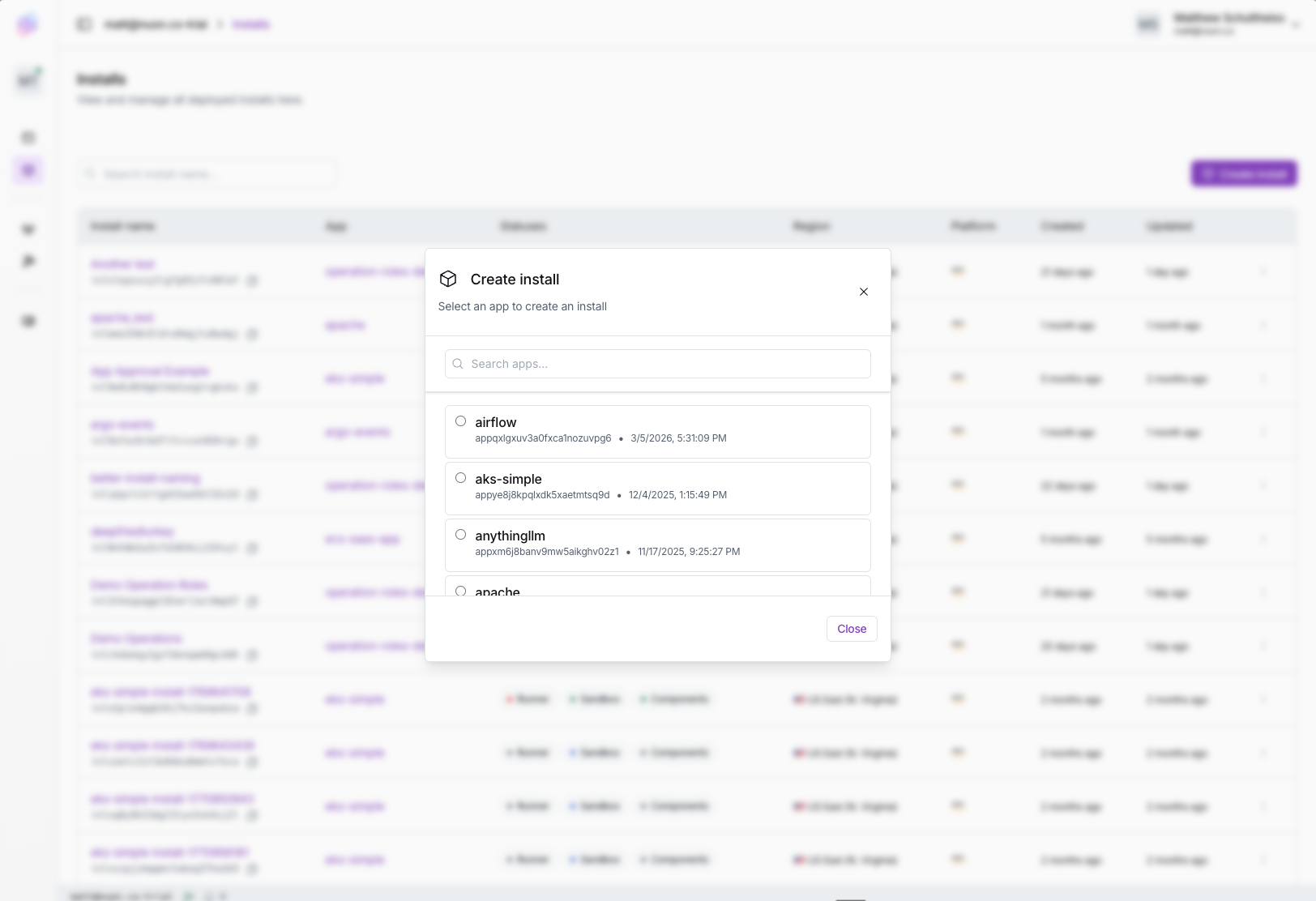 Create install modal