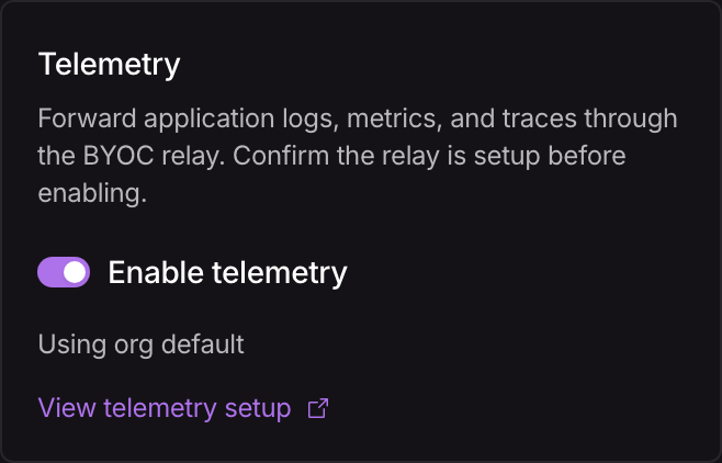 Telemetry card with Enable telemetry turned on and Using org default beneath it