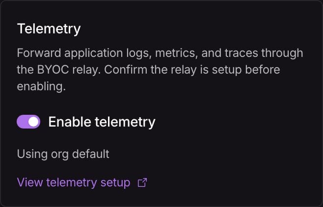 Telemetry card with Enable telemetry turned on and Using org default beneath it