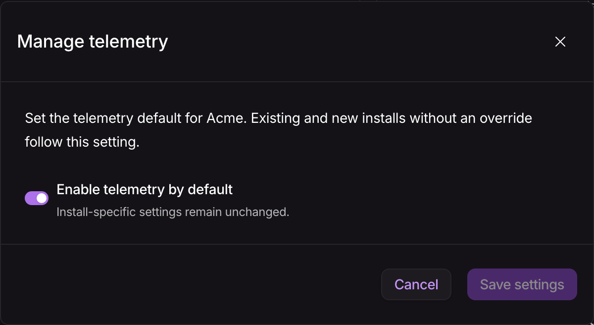 Manage telemetry modal for Acme, showing Enable telemetry by default turned on and the Save settings button