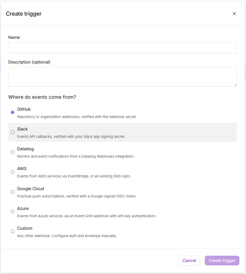 The Create trigger modal asking where events come from, with presets for GitHub, Slack, Datadog, AWS, Google Cloud, Azure, and a custom option