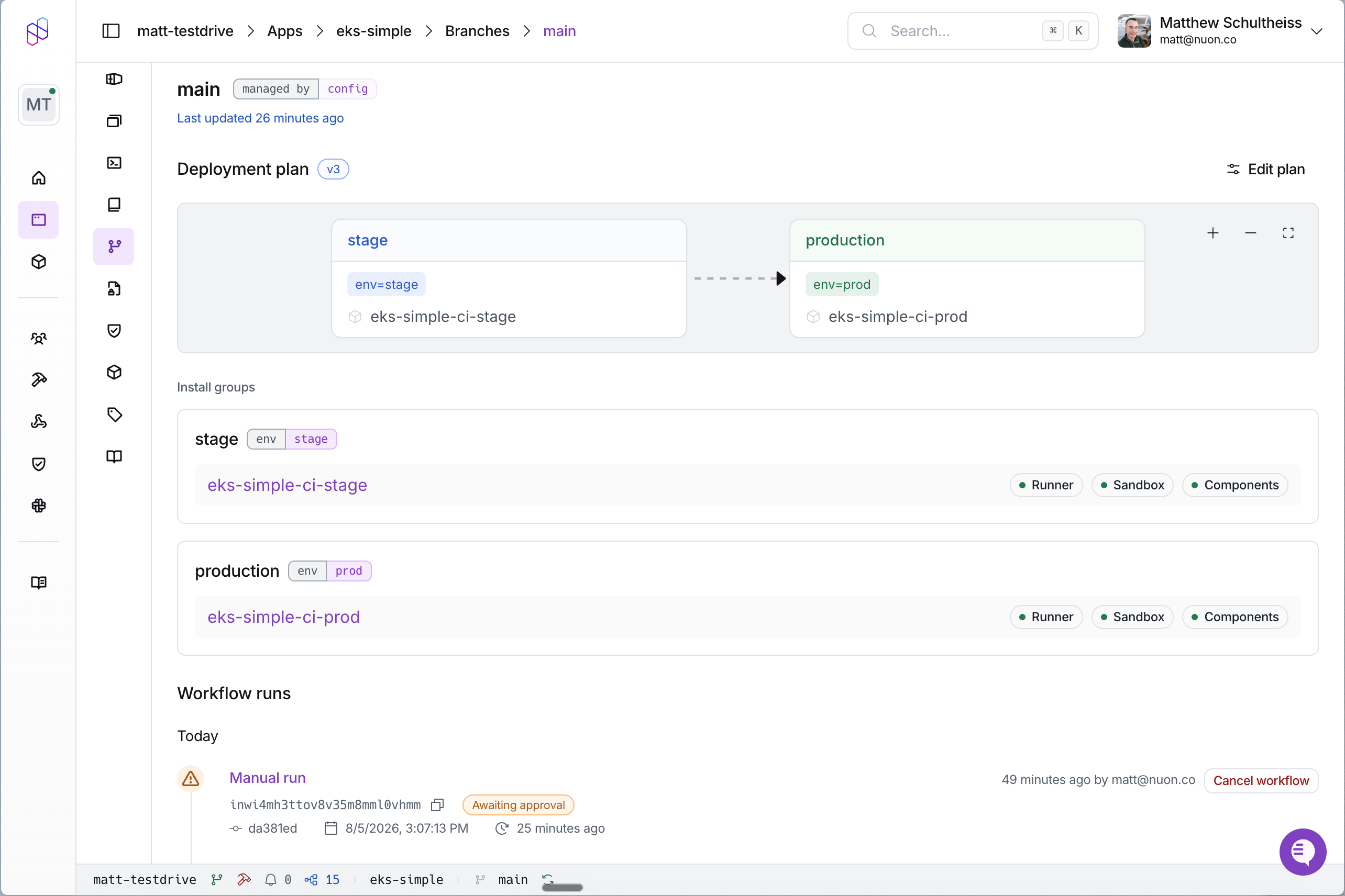 The eks-simple branch's deployment plan in the Nuon dashboard: a stage group selecting env=stage installs flowing into a production group selecting env=prod