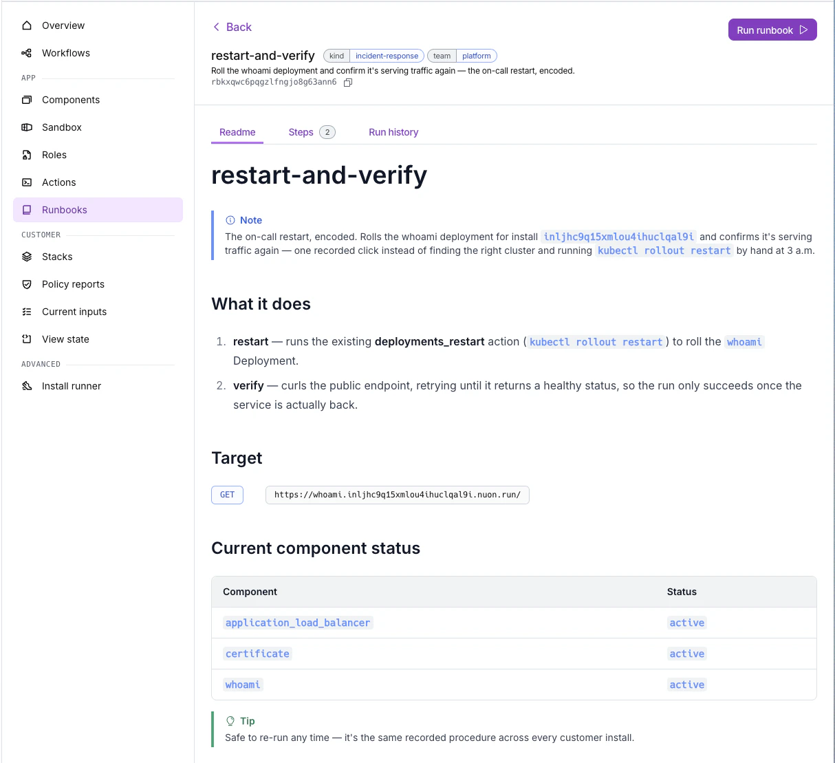 A runbook's detail page in the Nuon dashboard, showing its steps
