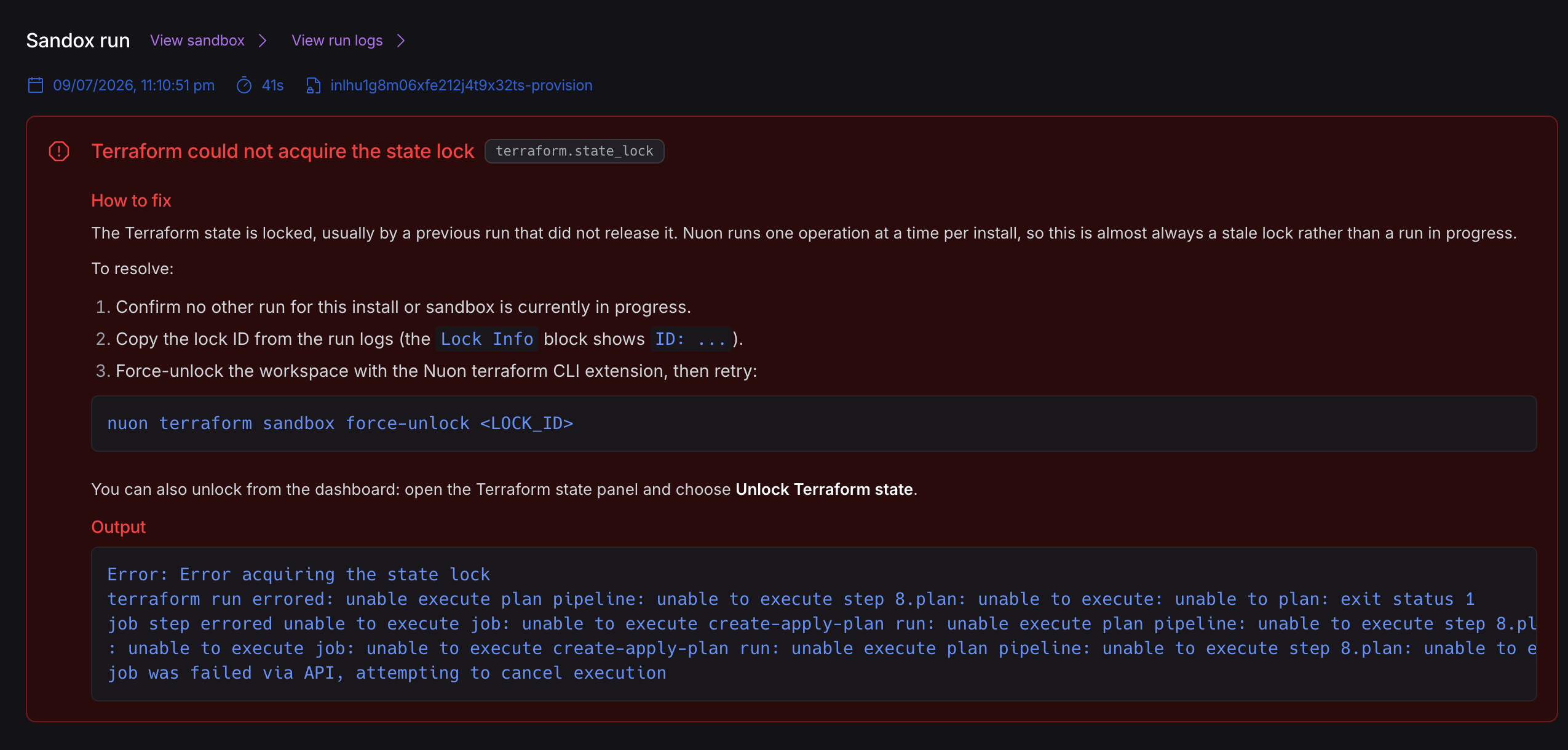 A classified deploy failure in the Nuon dashboard: 'Terraform could not acquire the state lock', with how-to-fix steps and the raw output