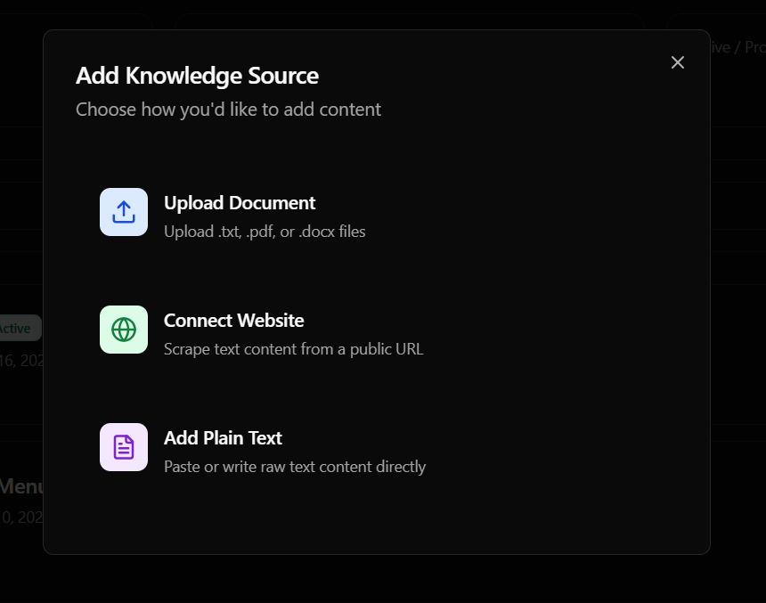 Knowledge Base Uploads Screen (Dark)