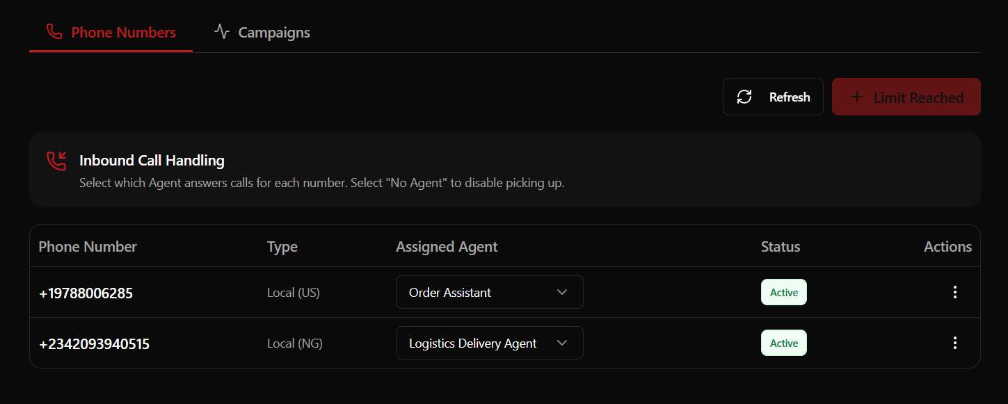 Phone Numbers Management Screen (Dark)